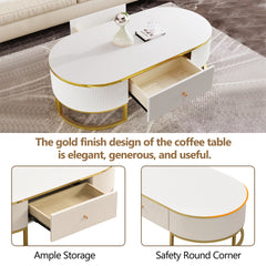 Modern Oval Coffee Table with Drawers,Curved Profile Design, Gold Metal Decor, Center Table for Living Room in 47.2"