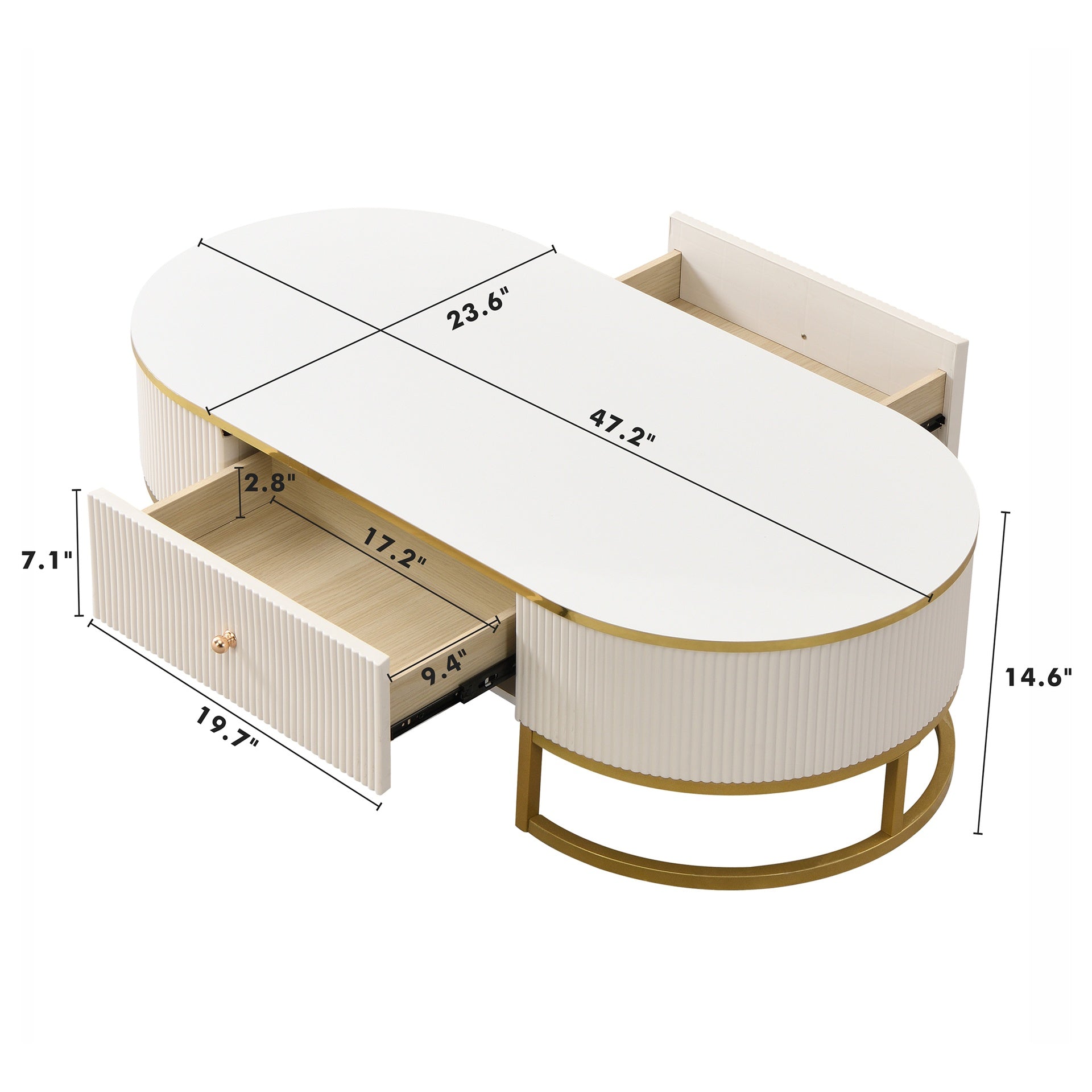 Modern Oval Coffee Table with Drawers,Curved Profile Design, Gold Metal Decor, Center Table for Living Room in 47.2"