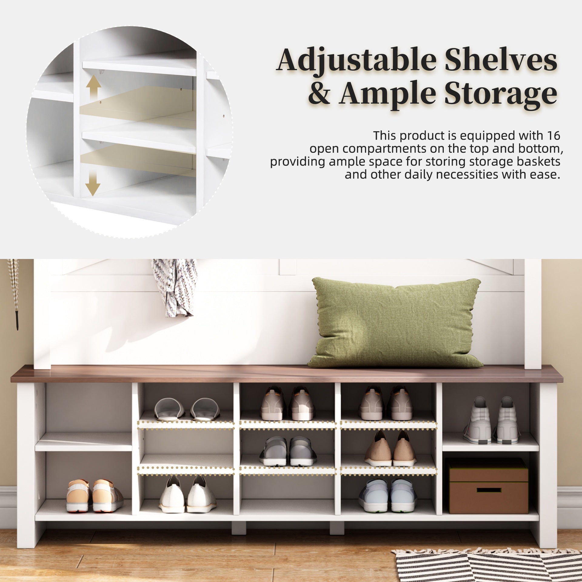 Farmhouse 4-in-1 Hall Tree with 6 Hooks, Walnut Entryway Bench with Shelves,  Wooden Style Rustic Shoe Organizer with 16 Open Compartments for Mudroom, Living Room, White (OLD SKU: N721P264915K)