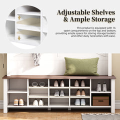 Farmhouse 4-in-1 Hall Tree with 6 Hooks, Walnut Entryway Bench with Shelves,  Wooden Style Rustic Shoe Organizer with 16 Open Compartments for Mudroom, Living Room, White (OLD SKU: N721P264915K)