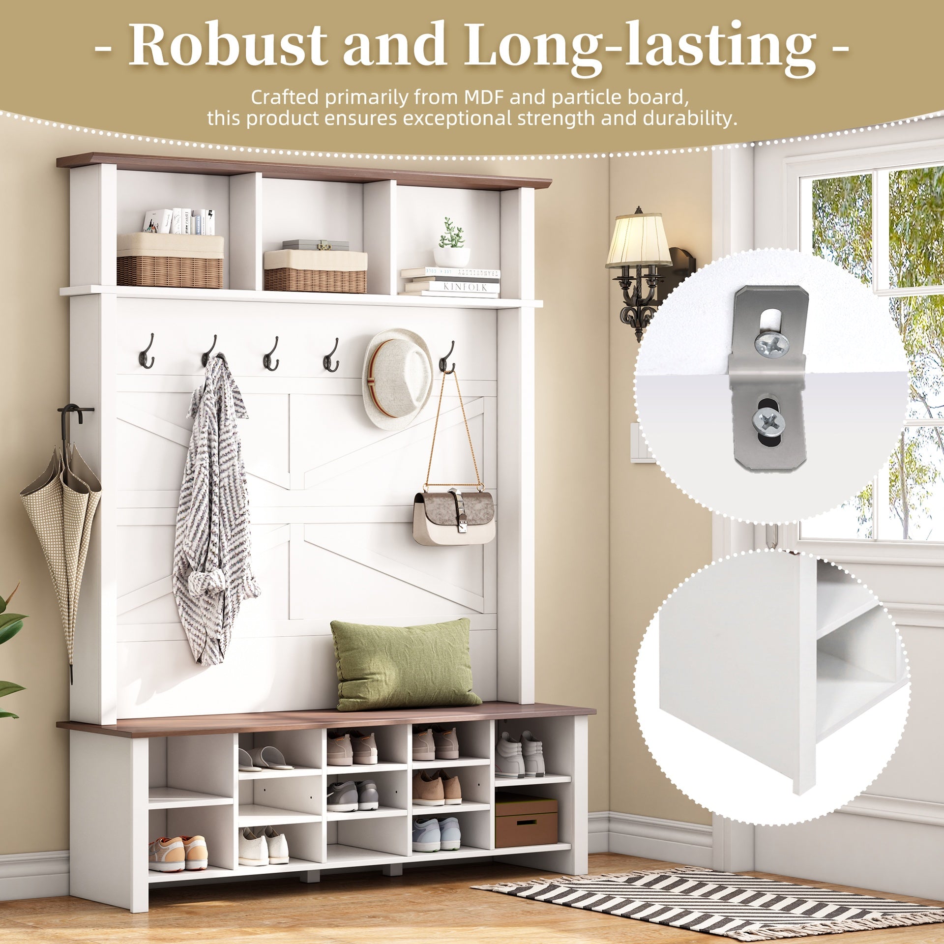 Farmhouse 4-in-1 Hall Tree with 6 Hooks, Walnut Entryway Bench with Shelves,  Wooden Style Rustic Shoe Organizer with 16 Open Compartments for Mudroom, Living Room, White (OLD SKU: N721P264915K)