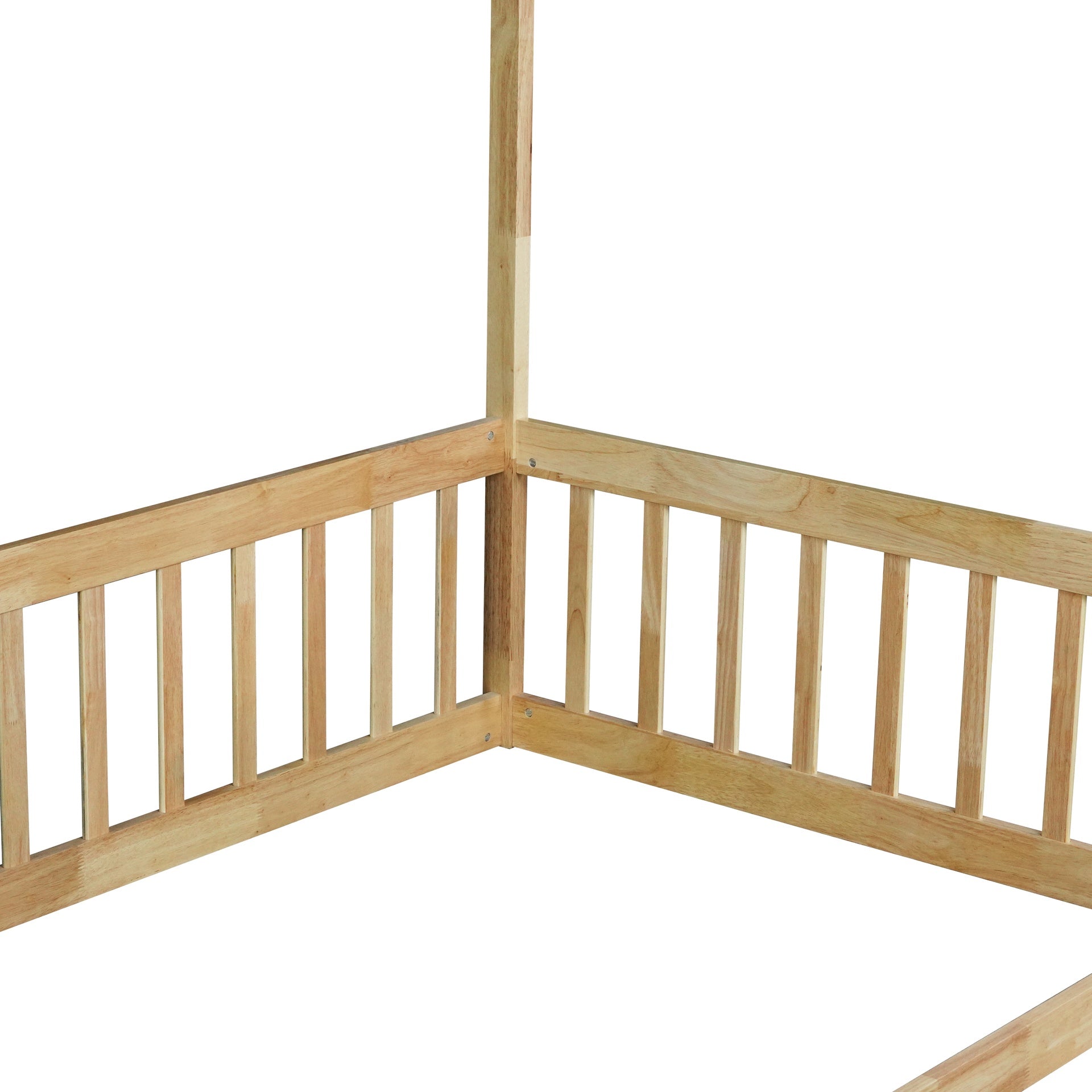 Twin Size Canopy Frame Floor Bed with Fence,Guardrails,Natural (Old Sku:W504P143279)