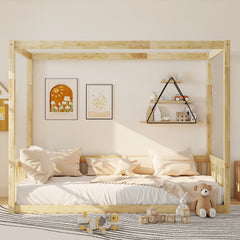 Twin Size Canopy Frame Floor Bed with Fence,Guardrails,Natural (Old Sku:W504P143279)