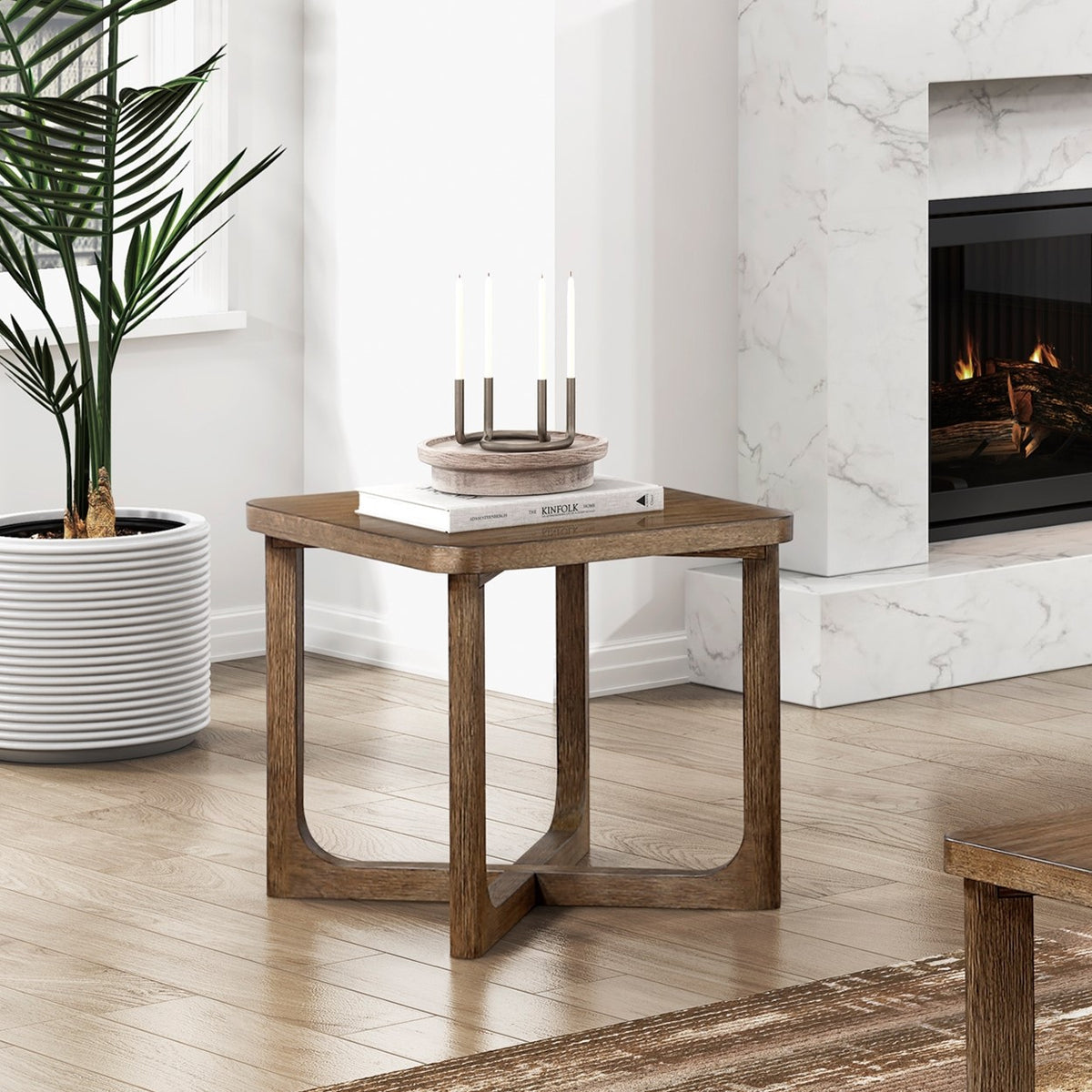 1pc Modern End Table Square Tabletop Light Brown Finish X-Base Wooden Living Room Furniture