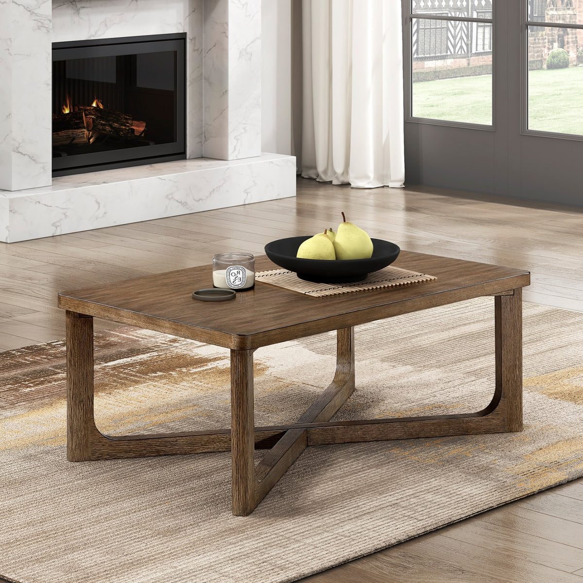 1pc Modern Design Cocktail Table Rectangular Tabletop Light Brown Finish X-Base Wooden Living Room Furniture