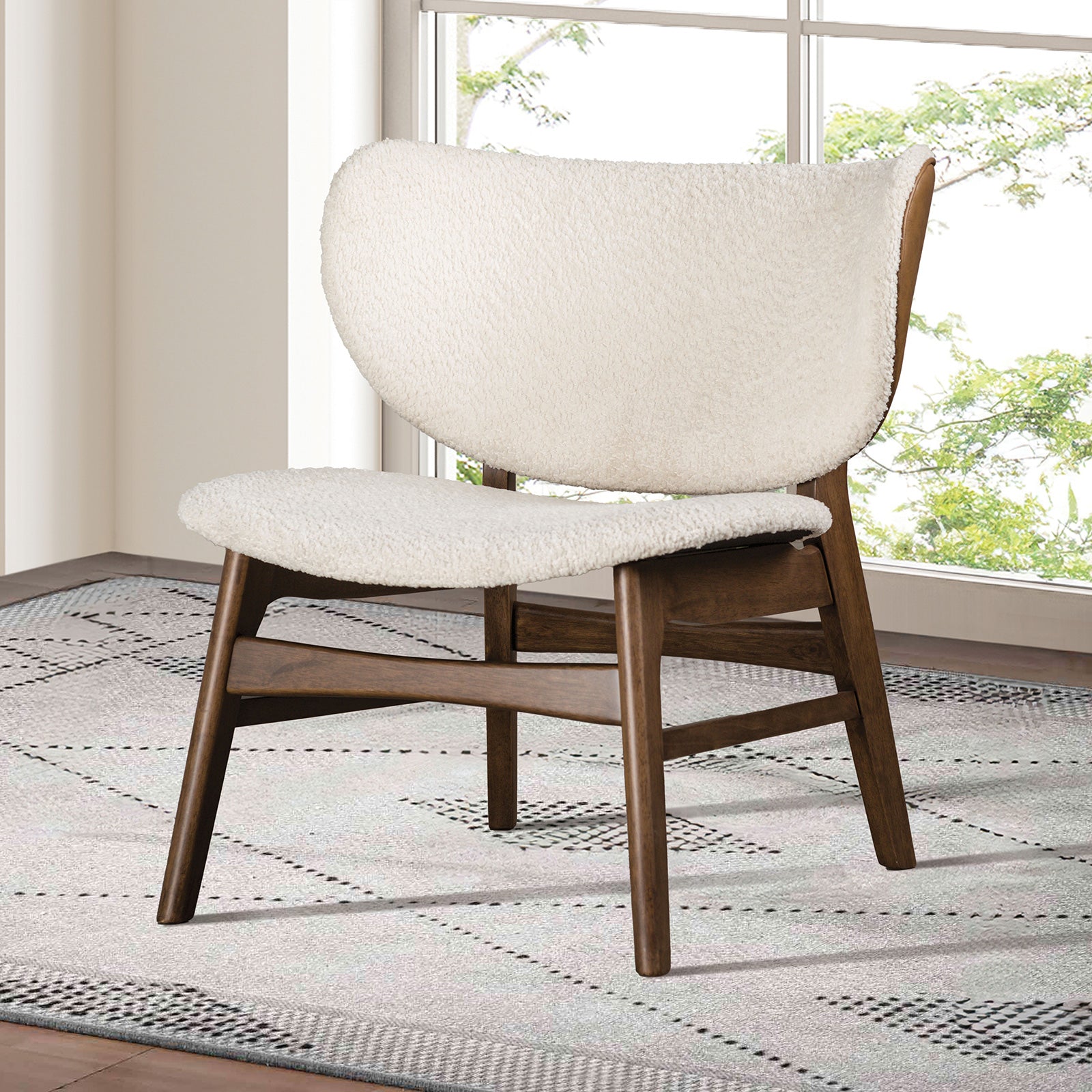 Mid-Century Modern Wingback Chair With Side Table Solid Wood Structure Walnut / Beige