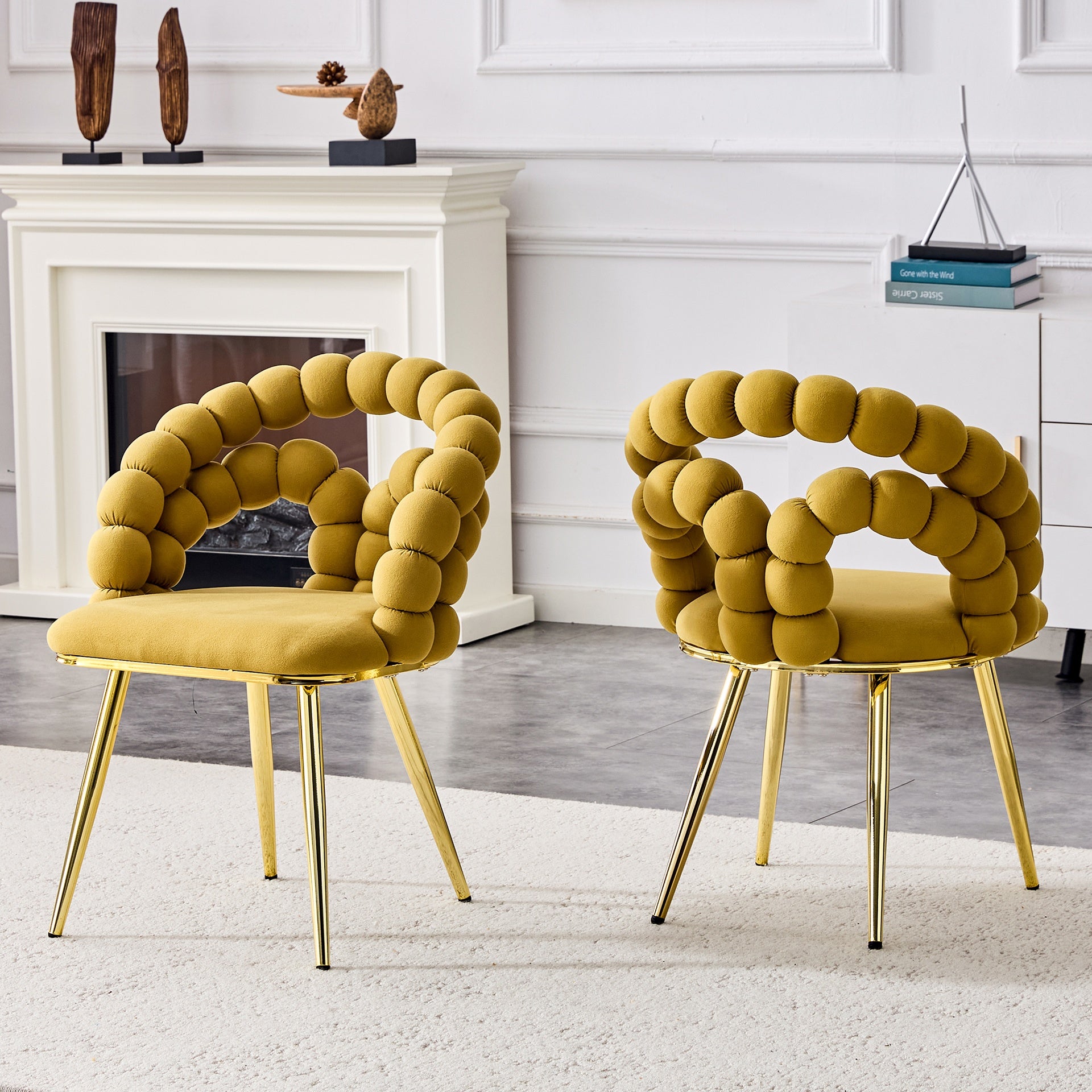 Set of 2 Yellow Puffy Bubble Chair Ball Chain Chair Velvet Dining Chairs with Gold Legs, Modern Upholstered Accent Chairs for Dining Room & Kitchen
