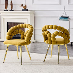 Set of 2 Yellow Puffy Bubble Chair Ball Chain Chair Velvet Dining Chairs with Gold Legs, Modern Upholstered Accent Chairs for Dining Room & Kitchen