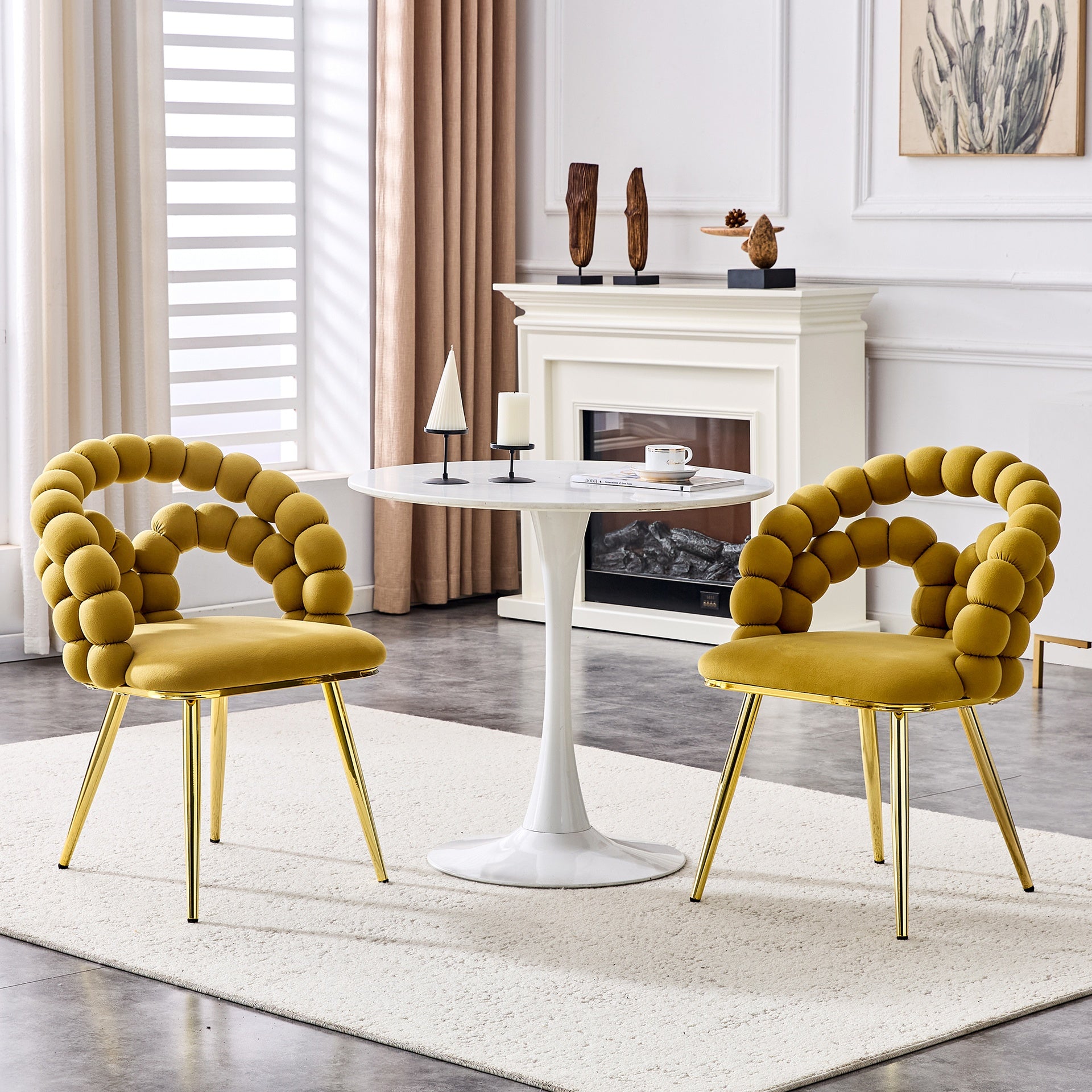 Set of 2 Yellow Puffy Bubble Chair Ball Chain Chair Velvet Dining Chairs with Gold Legs, Modern Upholstered Accent Chairs for Dining Room & Kitchen
