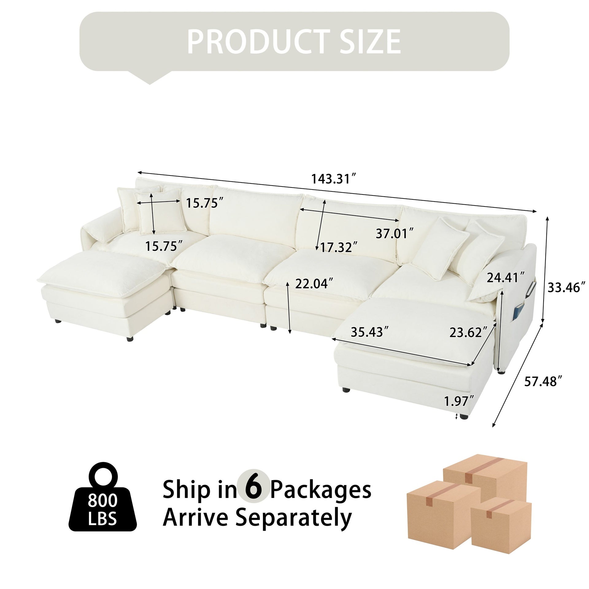 (Old:W3163S00028) Modular Sectional Sofa, Oversized Deep Seat U Shaped Couch Set for Living Room, 4-Seater Comfy Cloud Couches with 2 Movable Ottomans, DIY Combination, Chenille,Beige