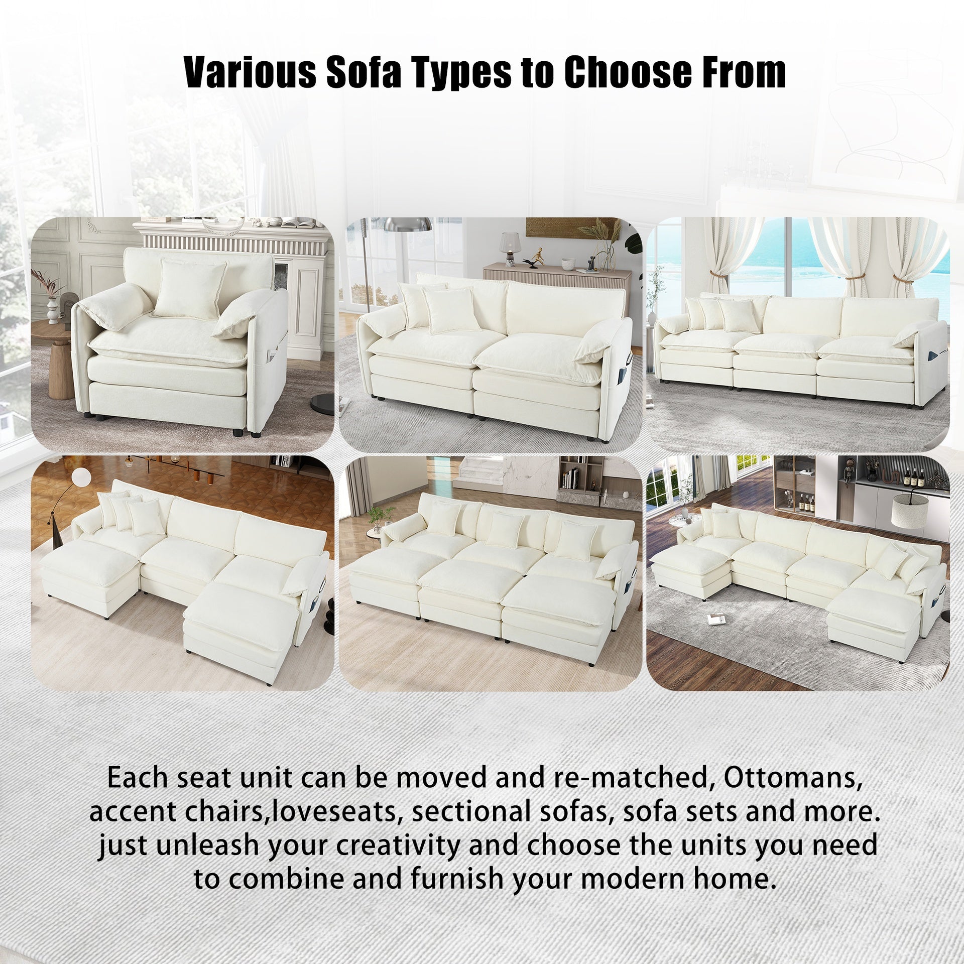 (Old:W3163S00028) Modular Sectional Sofa, Oversized Deep Seat U Shaped Couch Set for Living Room, 4-Seater Comfy Cloud Couches with 2 Movable Ottomans, DIY Combination, Chenille,Beige