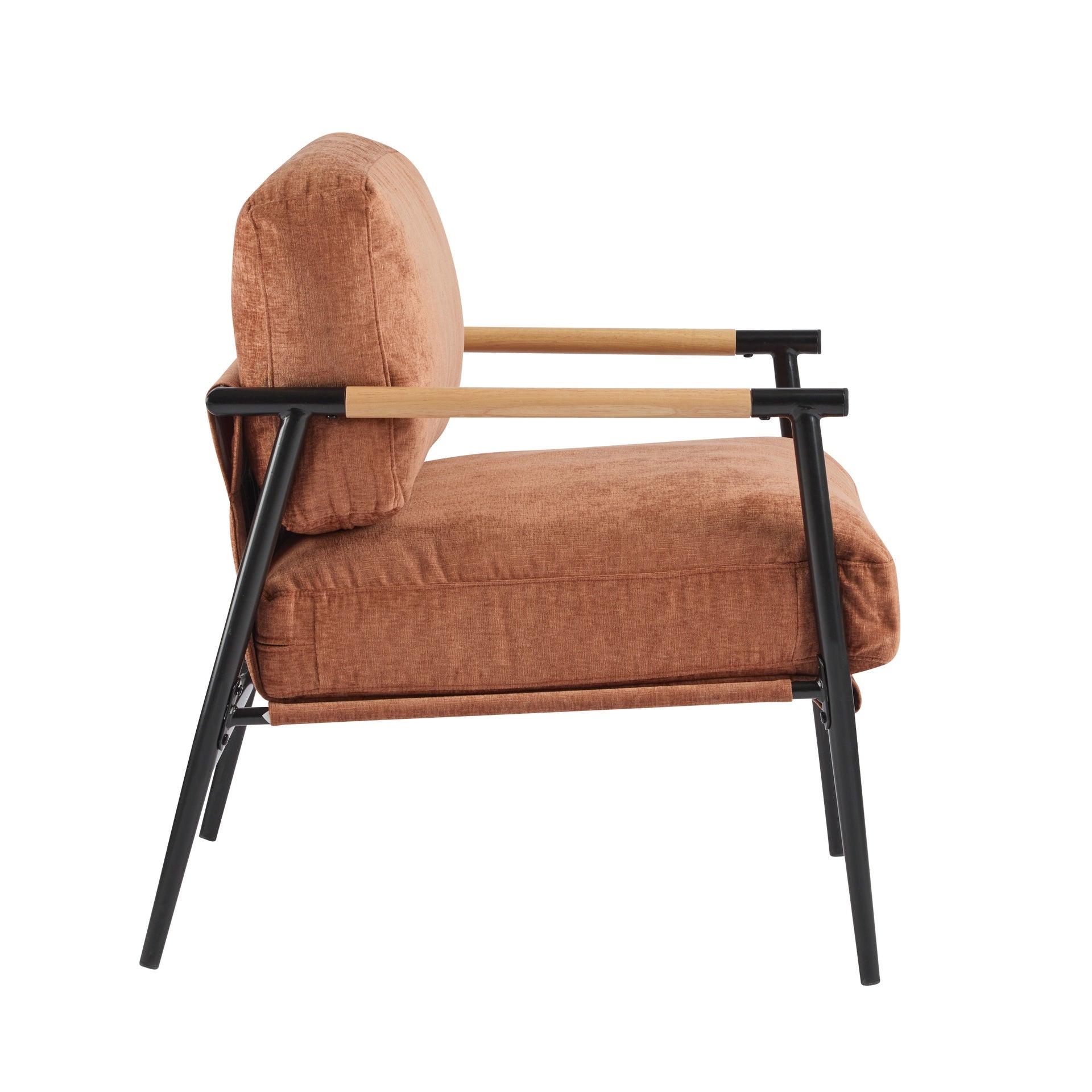 27.56" Modern Accent Chair with Plush Cushions, Minimalist Metal Frame, and Wooden Armrest Design – Perfect for Cozy Living Room, Bedroom, or Office Seating