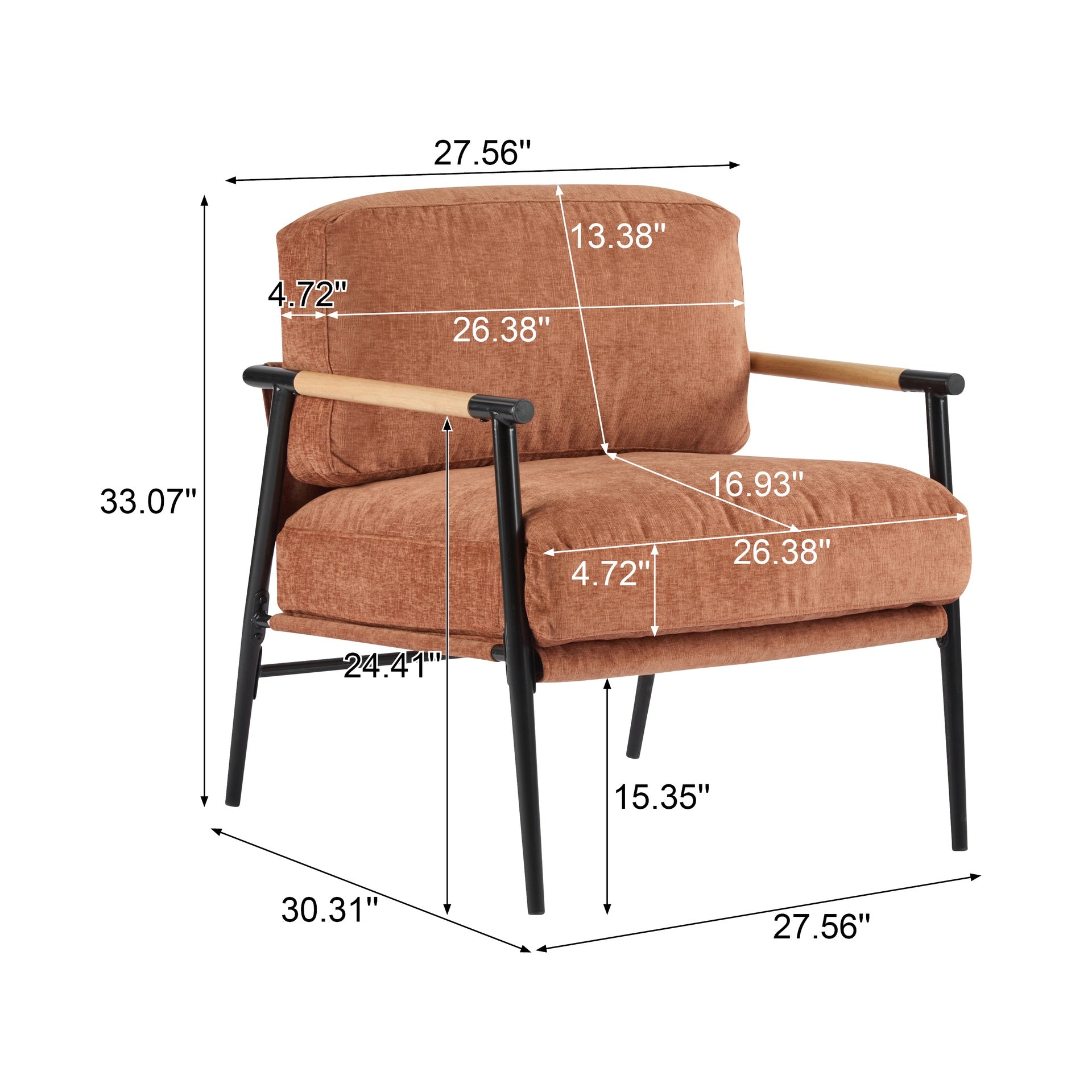 27.56" Modern Accent Chair with Plush Cushions, Minimalist Metal Frame, and Wooden Armrest Design – Perfect for Cozy Living Room, Bedroom, or Office Seating