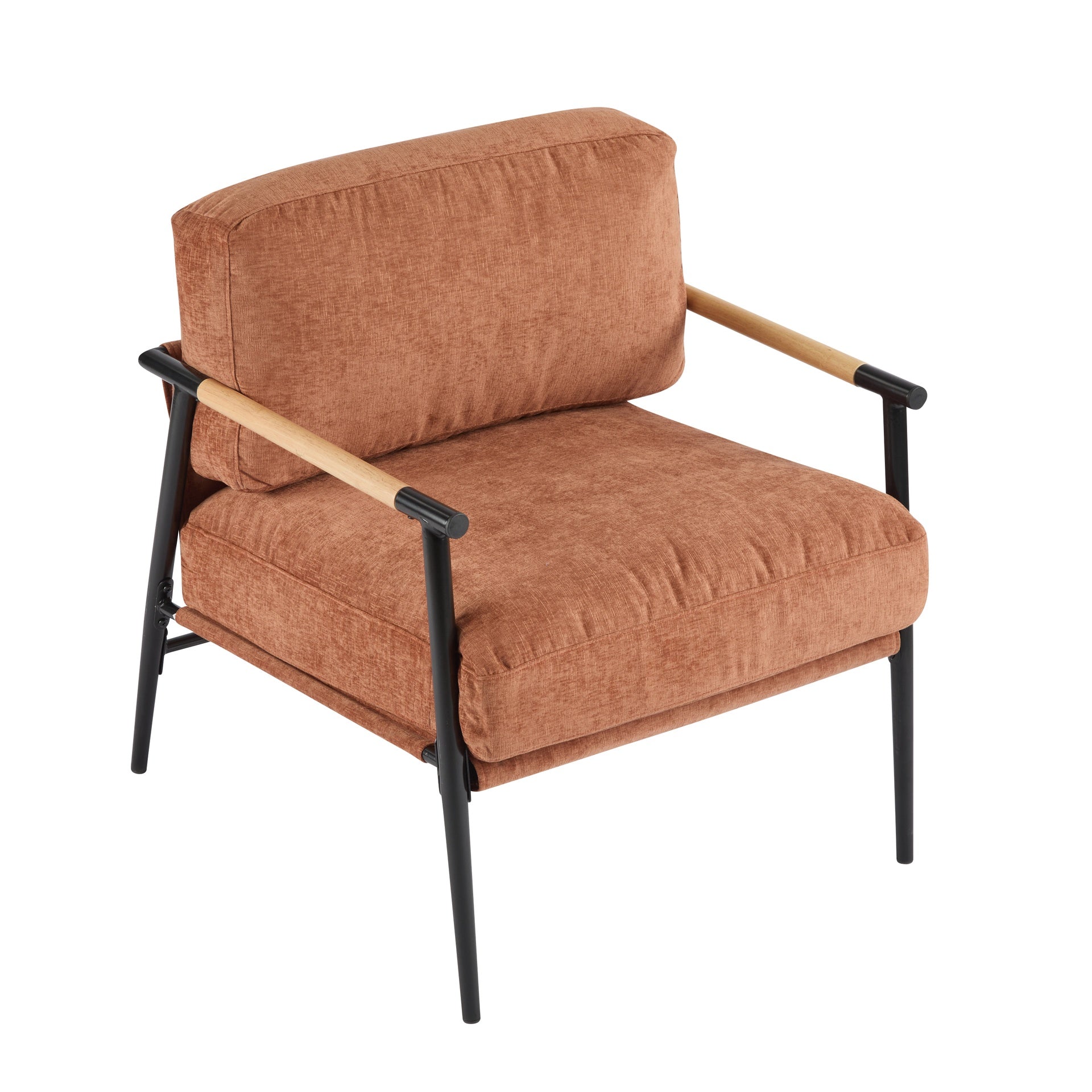 27.56" Modern Accent Chair with Plush Cushions, Minimalist Metal Frame, and Wooden Armrest Design – Perfect for Cozy Living Room, Bedroom, or Office Seating