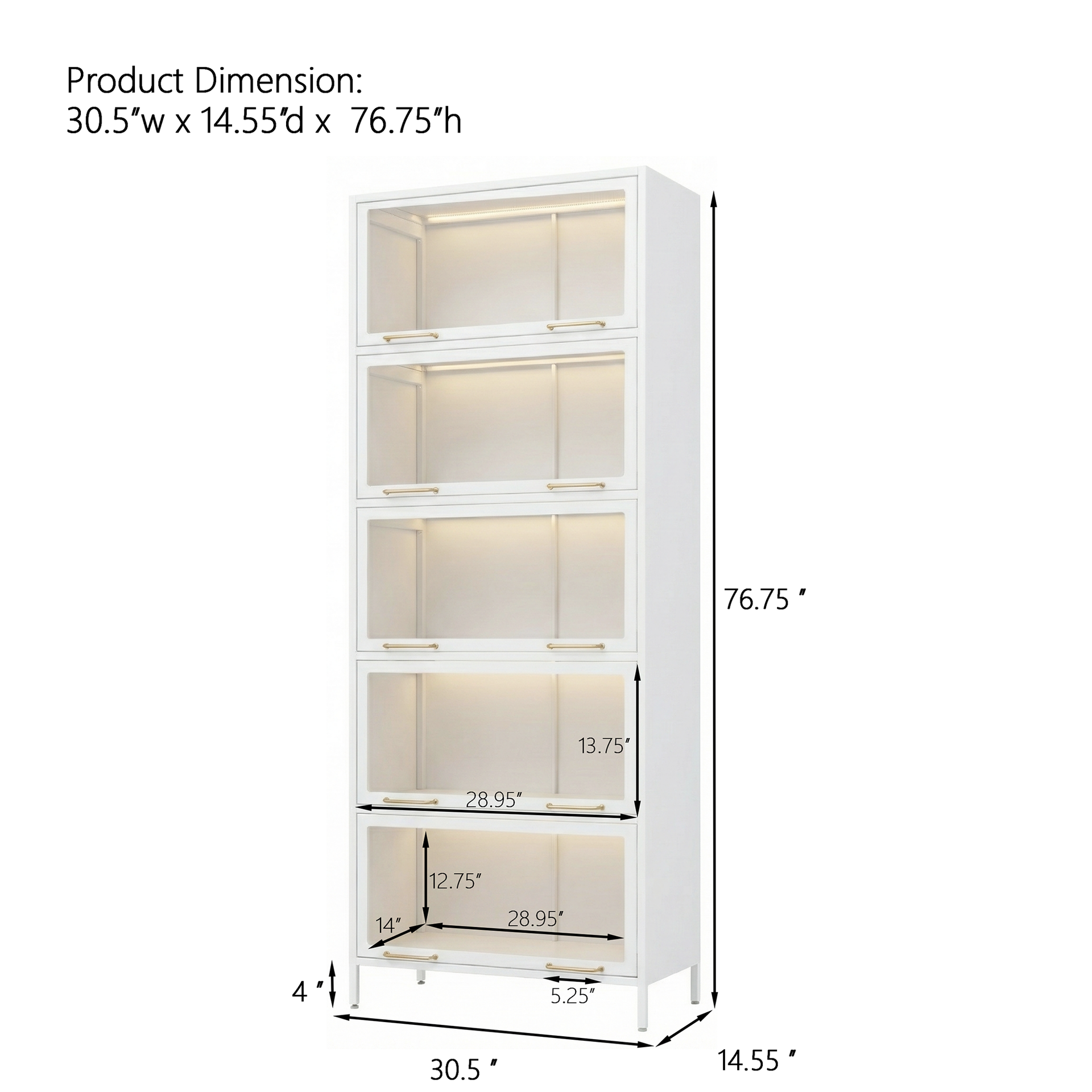 76.75'' Tall Iron Display Cabinet with Glass Doors, 5-Tier Steel Barister Bookcase with LED Lights for Collectibles, Modern Style Curio Cabinet for Home Living Room Office Study & Playroom - White