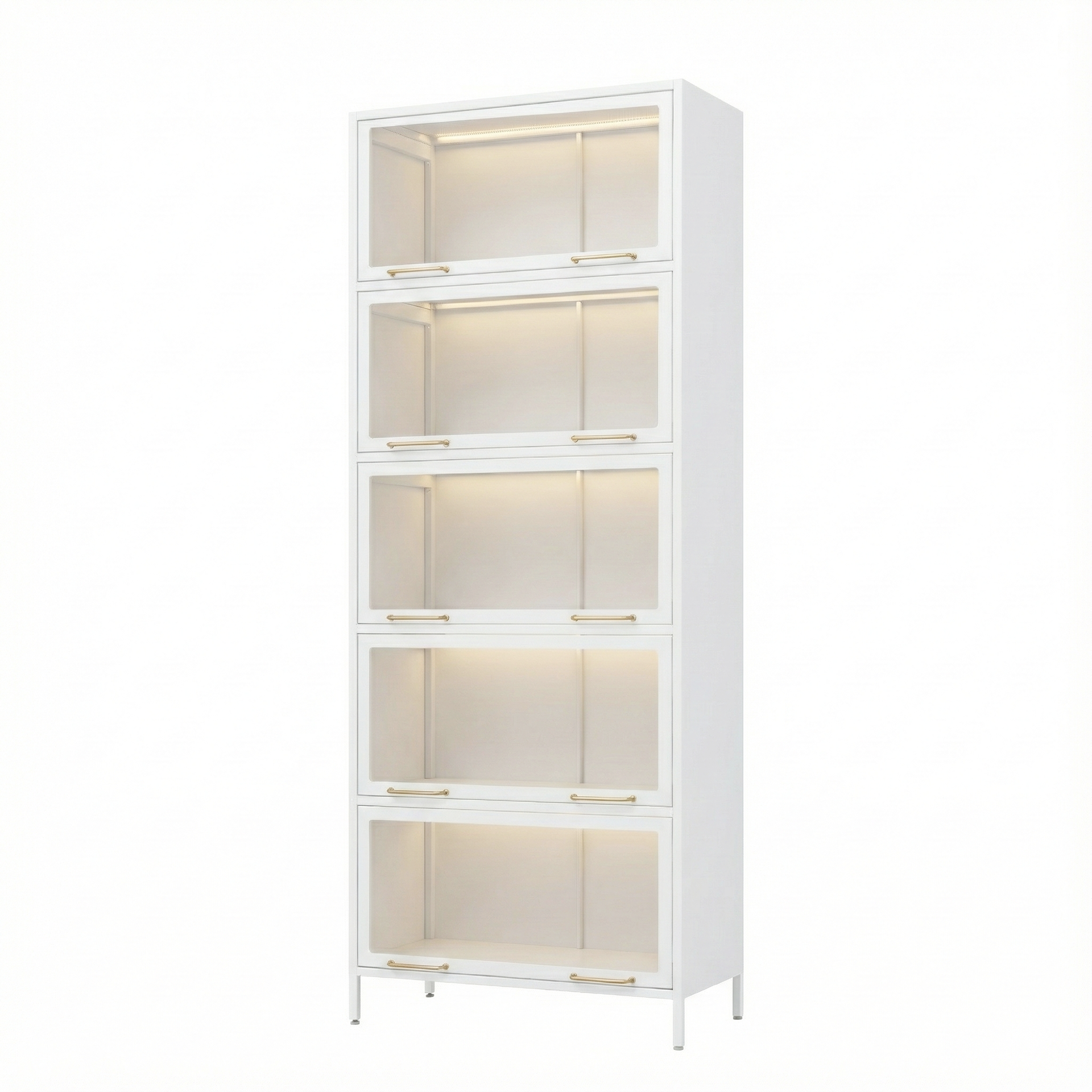 76.75'' Tall Iron Display Cabinet with Glass Doors, 5-Tier Steel Barister Bookcase with LED Lights for Collectibles, Modern Style Curio Cabinet for Home Living Room Office Study & Playroom - White