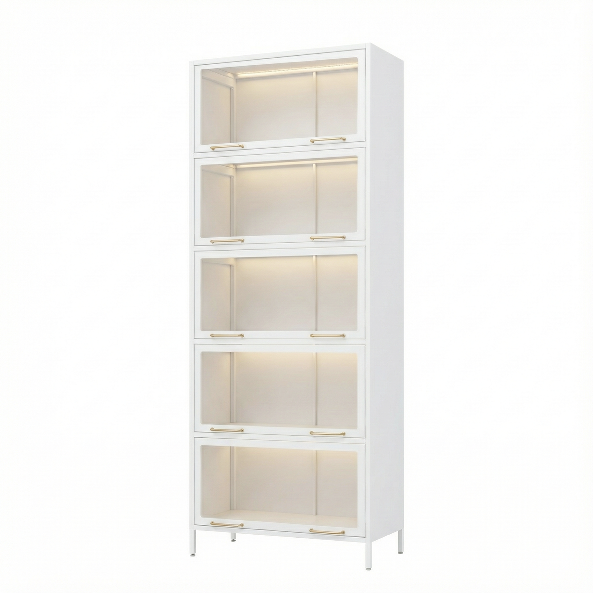 76.75'' Tall Iron Display Cabinet with Glass Doors, 5-Tier Steel Barister Bookcase with LED Lights for Collectibles, Modern Style Curio Cabinet for Home Living Room Office Study & Playroom - White