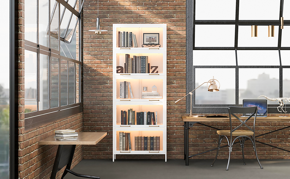 76.75'' Tall Iron Display Cabinet with Glass Doors, 5-Tier Steel Barister Bookcase with LED Lights for Collectibles, Modern Style Curio Cabinet for Home Living Room Office Study & Playroom - White