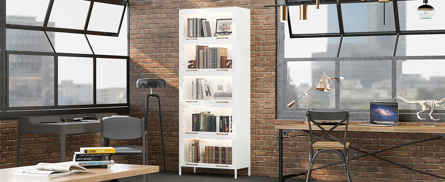 76.75'' Tall Iron Display Cabinet with Glass Doors, 5-Tier Steel Barister Bookcase with LED Lights for Collectibles, Modern Style Curio Cabinet for Home Living Room Office Study & Playroom - White
