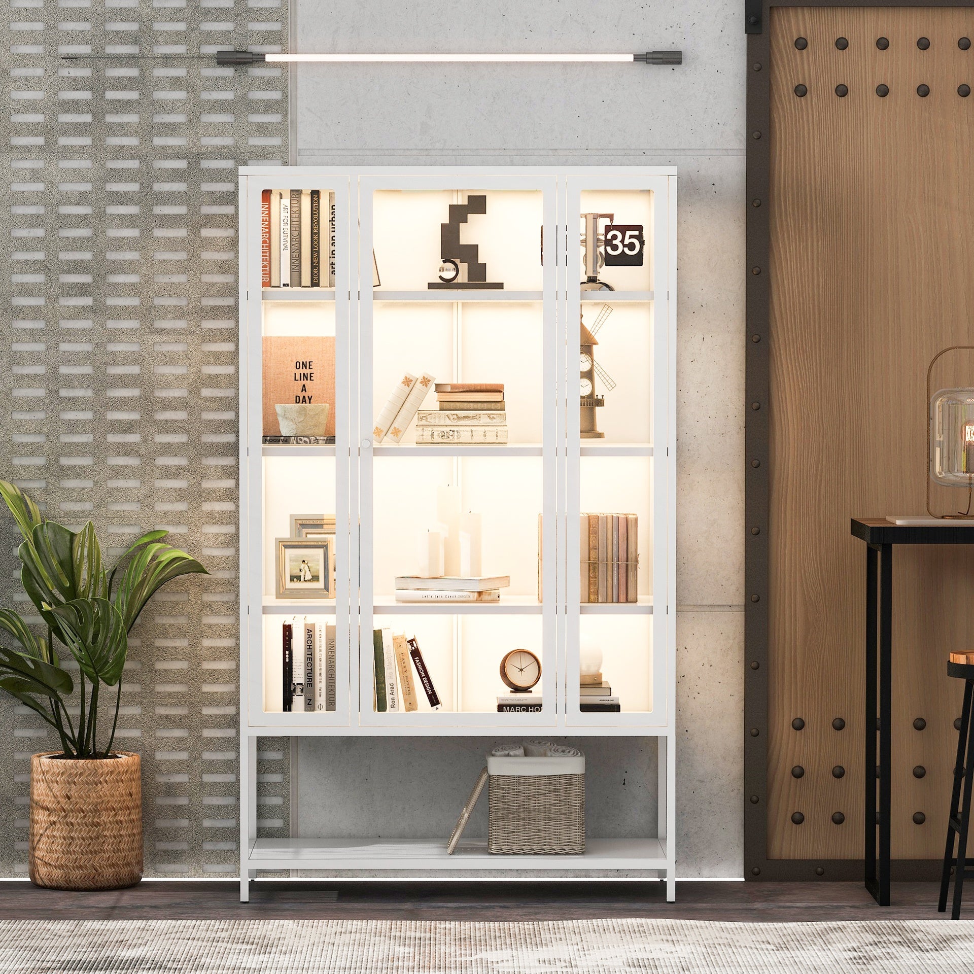 67.25'' Tall Iron Display Cabinet with Glass Door and LED Lights Steel Curio Cabinet for Collectibles Figures Trophies 3-Sided Glass Display Case for Home Office Study Room Stores Playroom - White