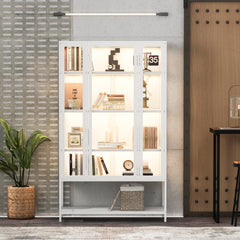 67.25'' Tall Iron Display Cabinet with Glass Door and LED Lights Steel Curio Cabinet for Collectibles Figures Trophies 3-Sided Glass Display Case for Home Office Study Room Stores Playroom - White