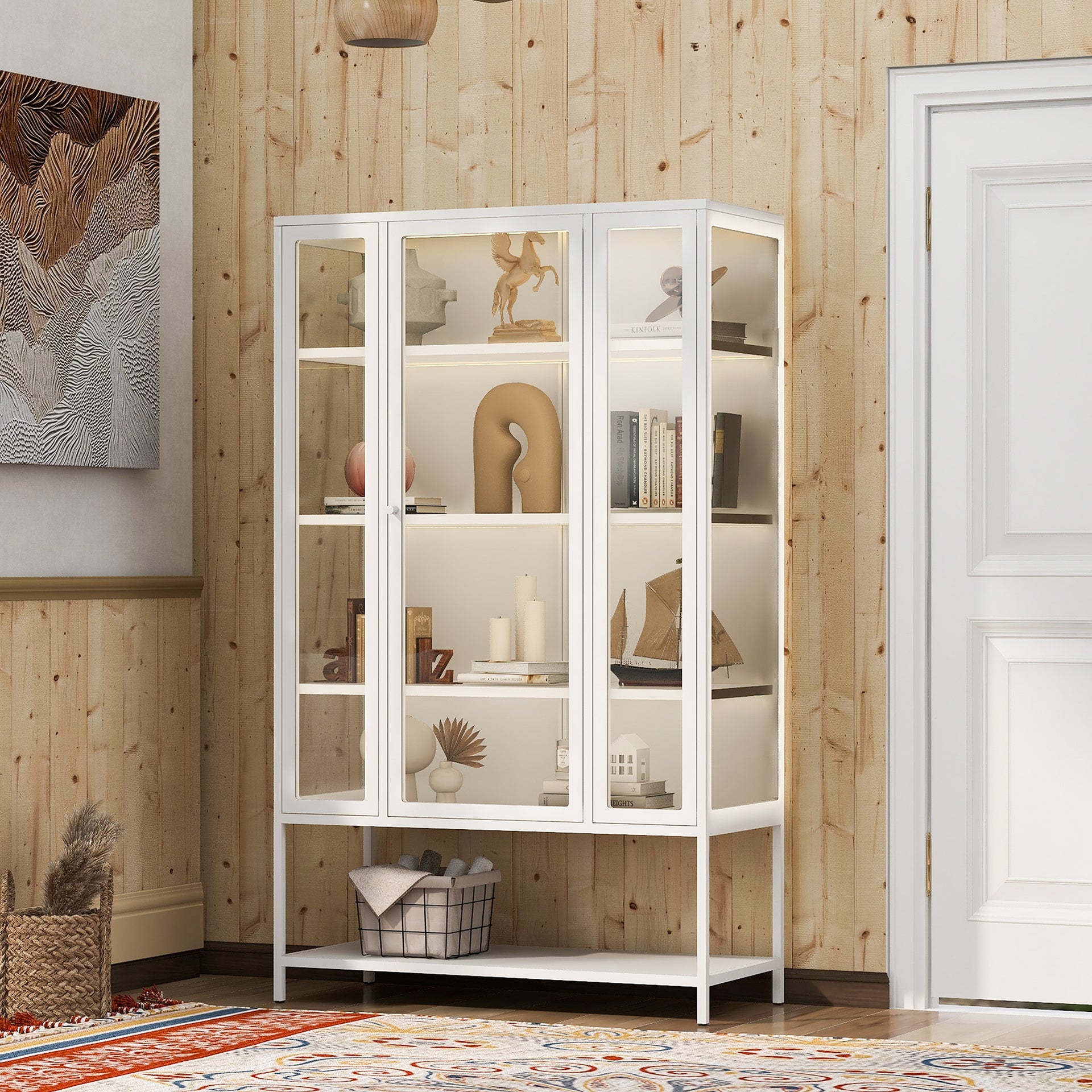 67.25'' Tall Iron Display Cabinet with Glass Door and LED Lights Steel Curio Cabinet for Collectibles Figures Trophies 3-Sided Glass Display Case for Home Office Study Room Stores Playroom - White