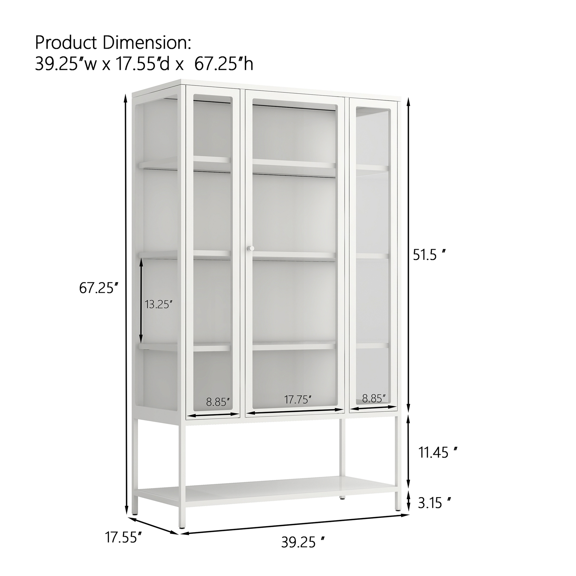 67.25'' Tall Iron Display Cabinet with Glass Door and LED Lights Steel Curio Cabinet for Collectibles Figures Trophies 3-Sided Glass Display Case for Home Office Study Room Stores Playroom - White