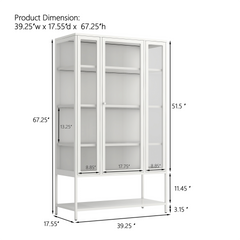 67.25'' Tall Iron Display Cabinet with Glass Door and LED Lights Steel Curio Cabinet for Collectibles Figures Trophies 3-Sided Glass Display Case for Home Office Study Room Stores Playroom - White