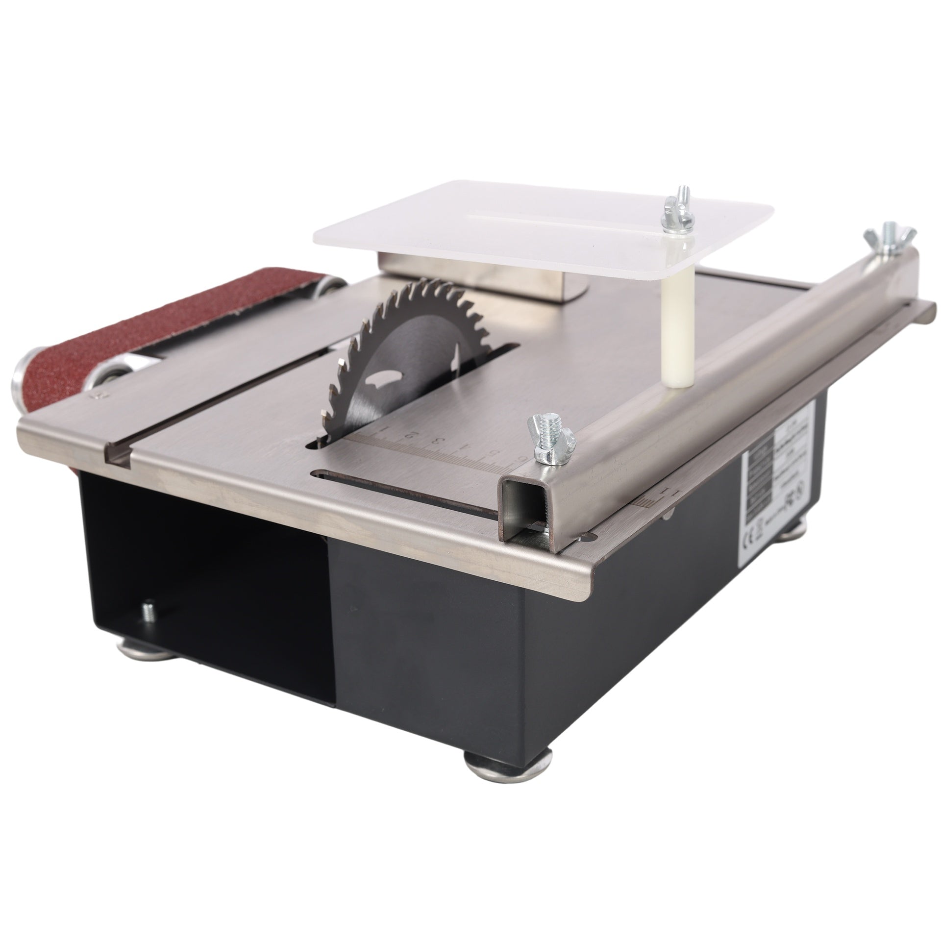 Mini Table Saw,Belt Sander, stainless steel top,4pcs Blades,10pcs Sanding Blet,7 Gear Adjustable 0-90° Angle, Available for Wood/PCB/Acrylic/Plastic,DIY Model Crafts Cutting Tool