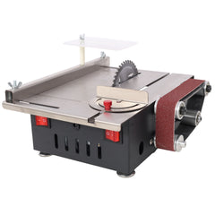 Mini Table Saw,Belt Sander, stainless steel top,4pcs Blades,10pcs Sanding Blet,7 Gear Adjustable 0-90° Angle, Available for Wood/PCB/Acrylic/Plastic,DIY Model Crafts Cutting Tool