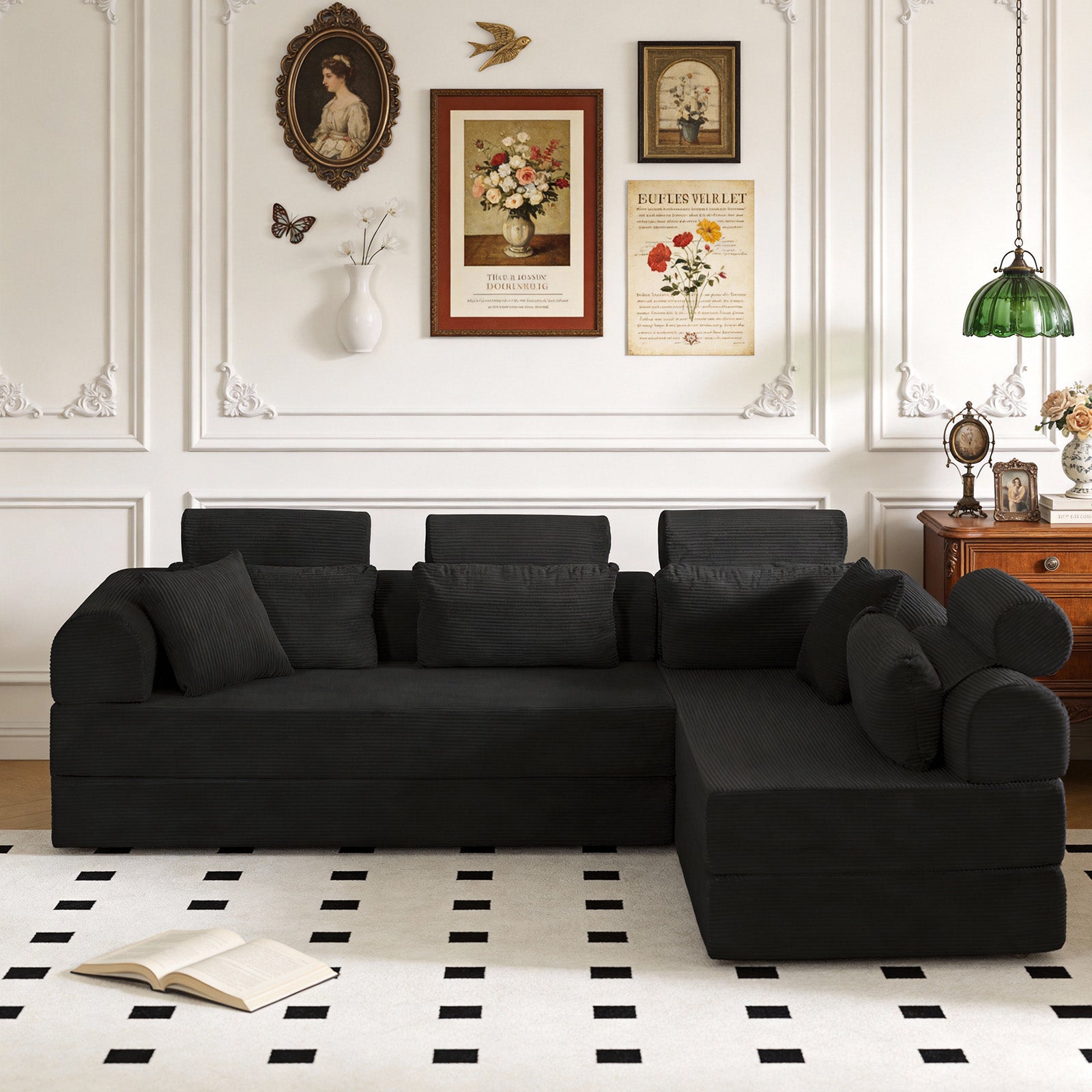 L shape Modular Sectional Sofa, Compressed Sectional Sofa Modern Minimalist Style Corduroy Couch,Unfold into a bed, Bedroom, Comfy Compressed Sofa Couch Space-Efficient Design(black)