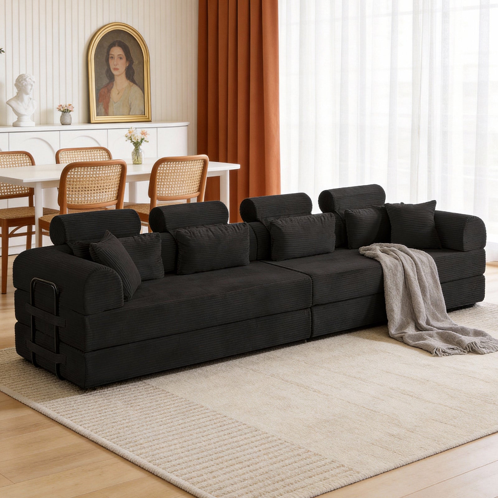 L shape Modular Sectional Sofa, Compressed Sectional Sofa Modern Minimalist Style Corduroy Couch,Unfold into a bed, Bedroom, Comfy Compressed Sofa Couch Space-Efficient Design(black)