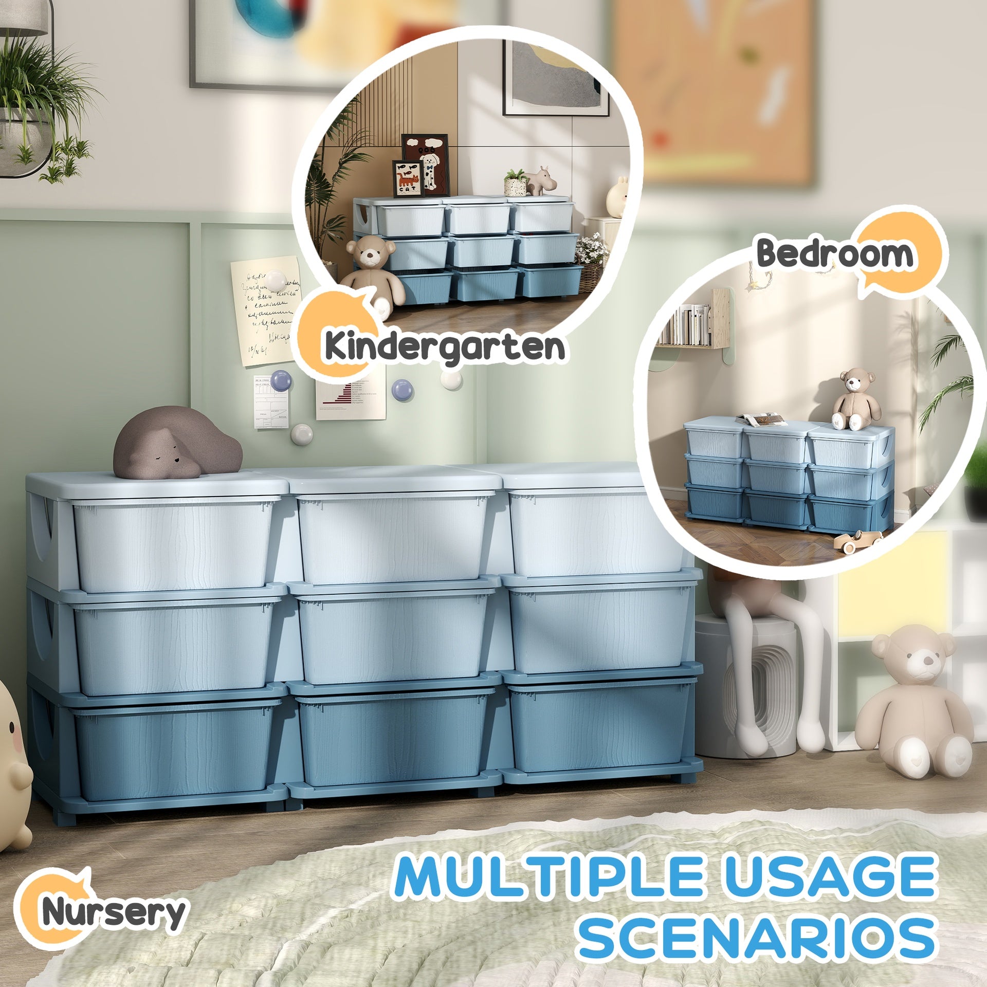 Qaba 3 Tier Kids Storage Unit, 9 Drawer Chest Toy Organizer Plastic Bins for Kids Bedroom Nursery Kindergarten Living Room for Boys Girls Toddlers, Blue