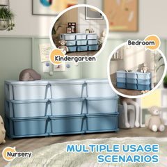 Qaba 3 Tier Kids Storage Unit, 9 Drawer Chest Toy Organizer Plastic Bins for Kids Bedroom Nursery Kindergarten Living Room for Boys Girls Toddlers, Blue