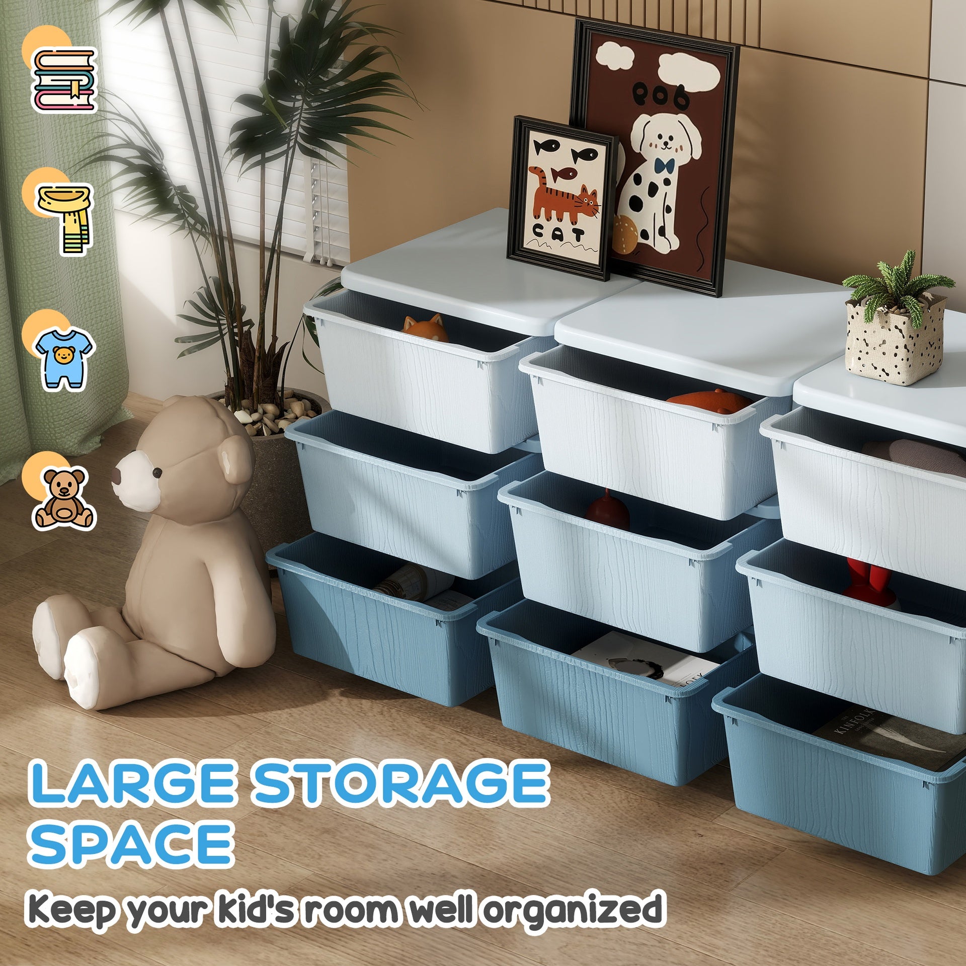Qaba 3 Tier Kids Storage Unit, 9 Drawer Chest Toy Organizer Plastic Bins for Kids Bedroom Nursery Kindergarten Living Room for Boys Girls Toddlers, Blue