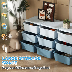 Qaba 3 Tier Kids Storage Unit, 9 Drawer Chest Toy Organizer Plastic Bins for Kids Bedroom Nursery Kindergarten Living Room for Boys Girls Toddlers, Blue