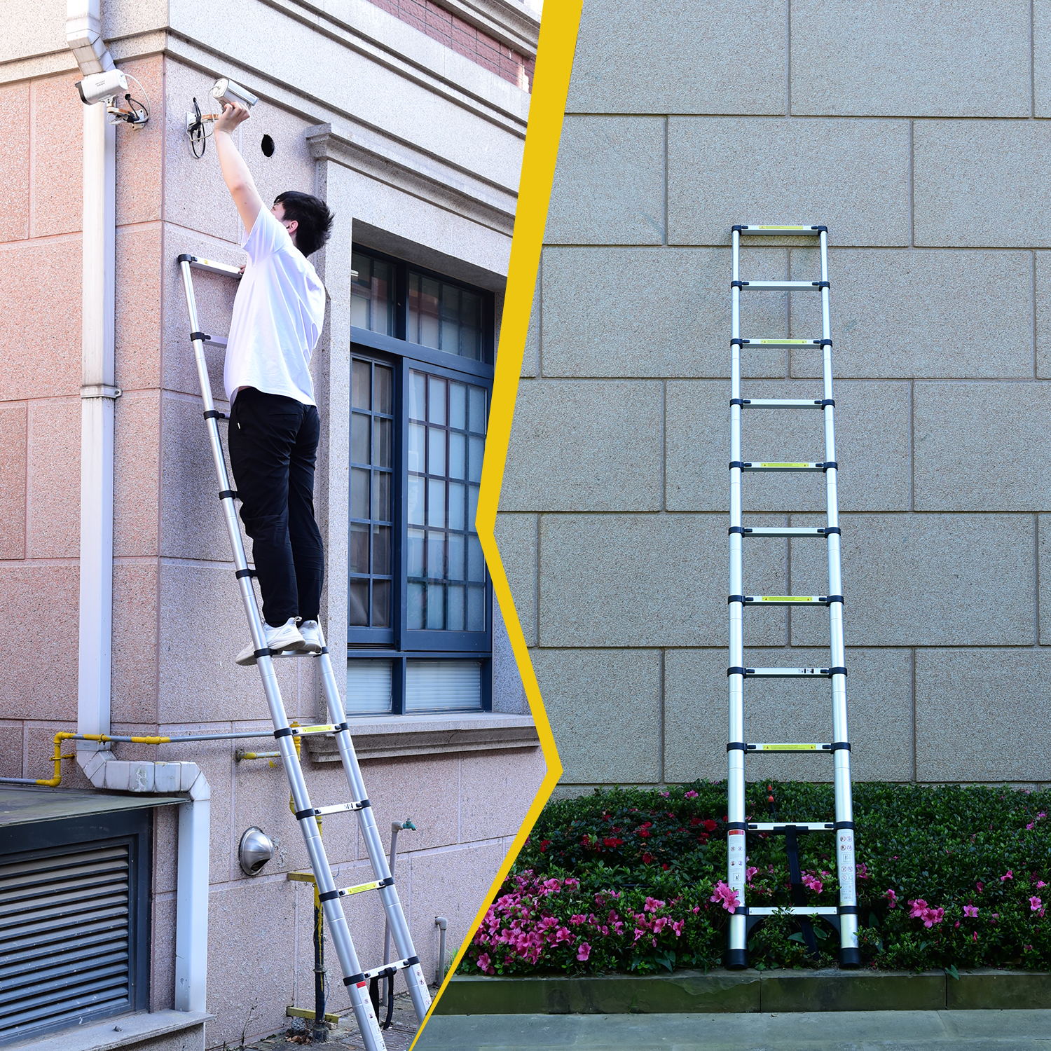 4.1-meter telescopic ladder, aluminum telescopic ladder, non slip feet, maximum capacity of 300 pounds, foldable ladder with hooks, suitable for RV or outdoor work