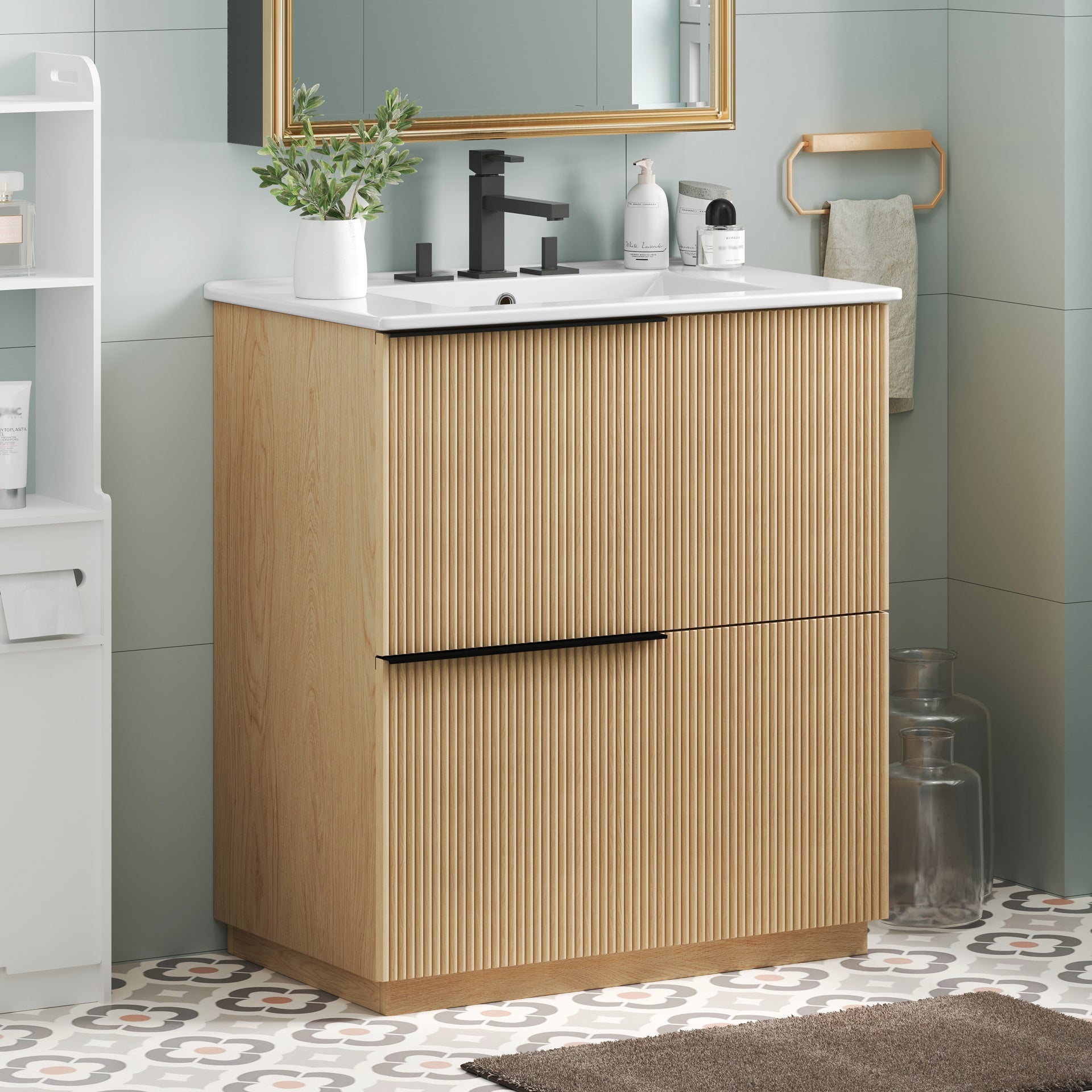 30" Bathroom Vanity with Ceramic Sink and Full-Extension Drawers, Soft Close Undermount Drawer Slides, Fluted Design, Natural