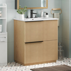 30" Bathroom Vanity with Ceramic Sink and Full-Extension Drawers, Soft Close Undermount Drawer Slides, Fluted Design, Natural