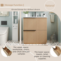 30" Bathroom Vanity with Ceramic Sink and Full-Extension Drawers, Soft Close Undermount Drawer Slides, Fluted Design, Natural