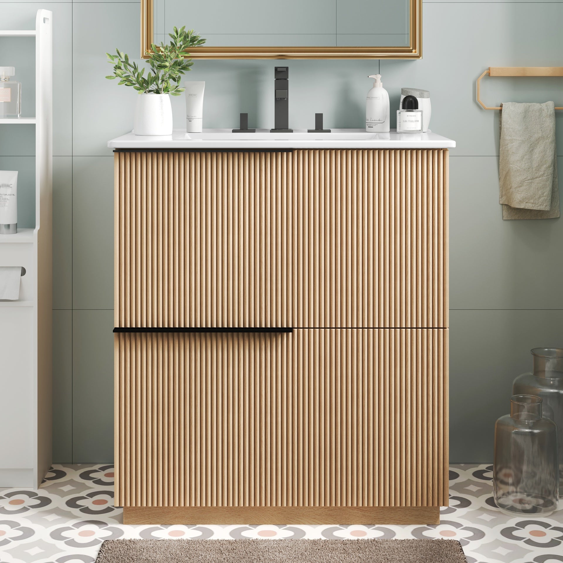 30" Bathroom Vanity with Ceramic Sink and Full-Extension Drawers, Soft Close Undermount Drawer Slides, Fluted Design, Natural