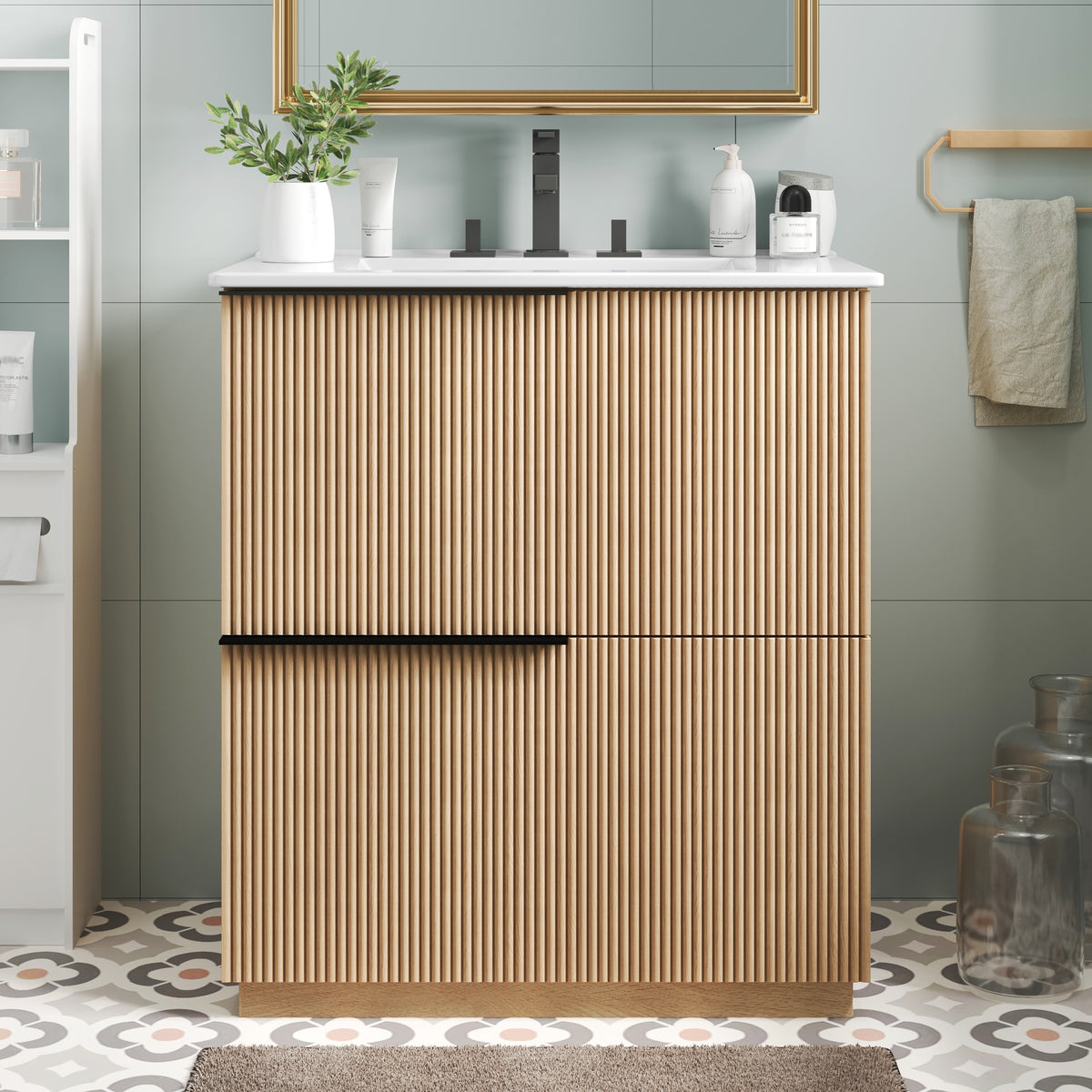 30" Bathroom Vanity with Ceramic Sink and Full-Extension Drawers, Soft Close Undermount Drawer Slides, Fluted Design, Natural