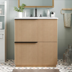 30" Bathroom Vanity with Ceramic Sink and Full-Extension Drawers, Soft Close Undermount Drawer Slides, Fluted Design, Natural