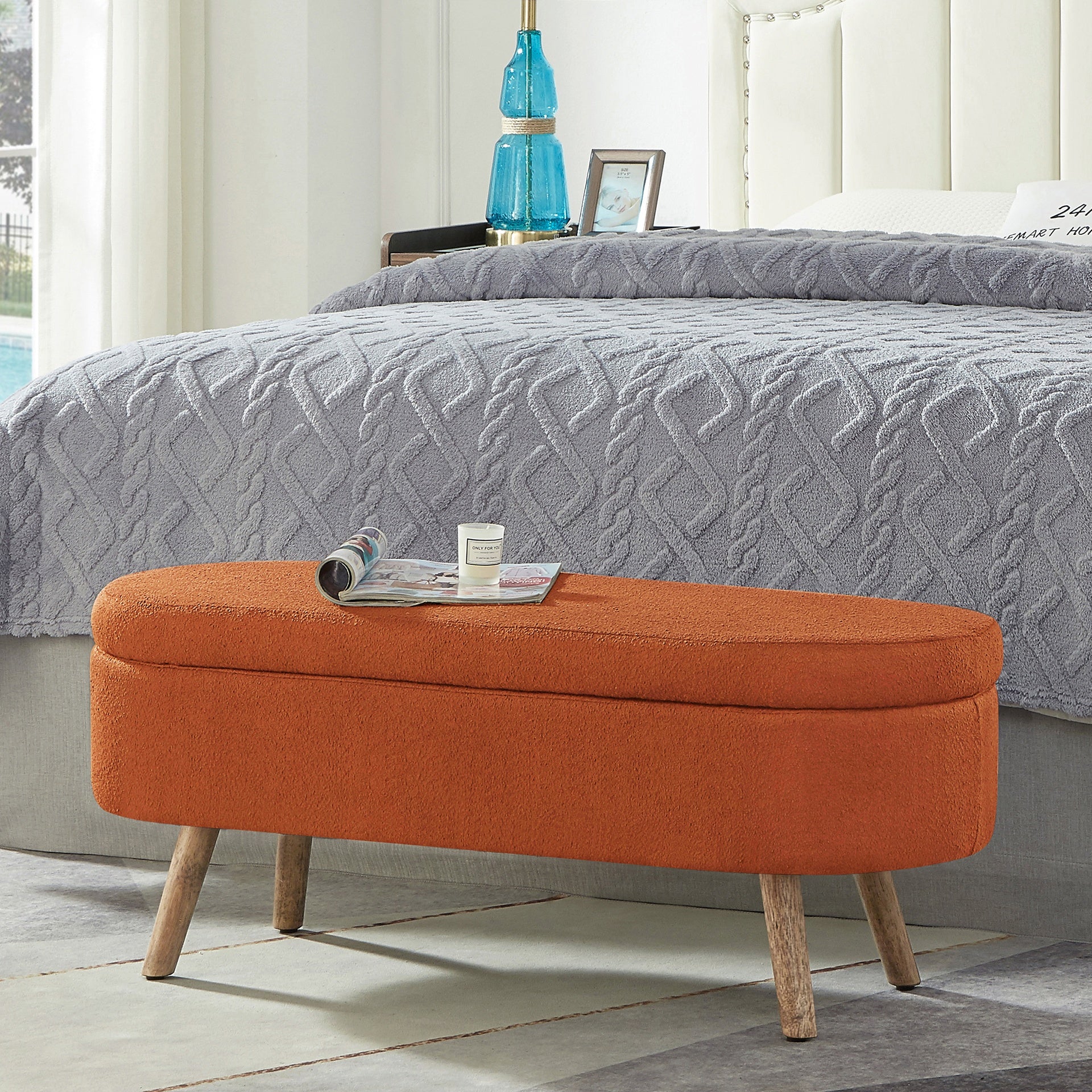 Luxury Oval Boucle Storage Ottoman Bench with Wood Legs 350lb Weight Capacity & Safety Hinge, for Living Room, Bedroom Entryway,ORANGE