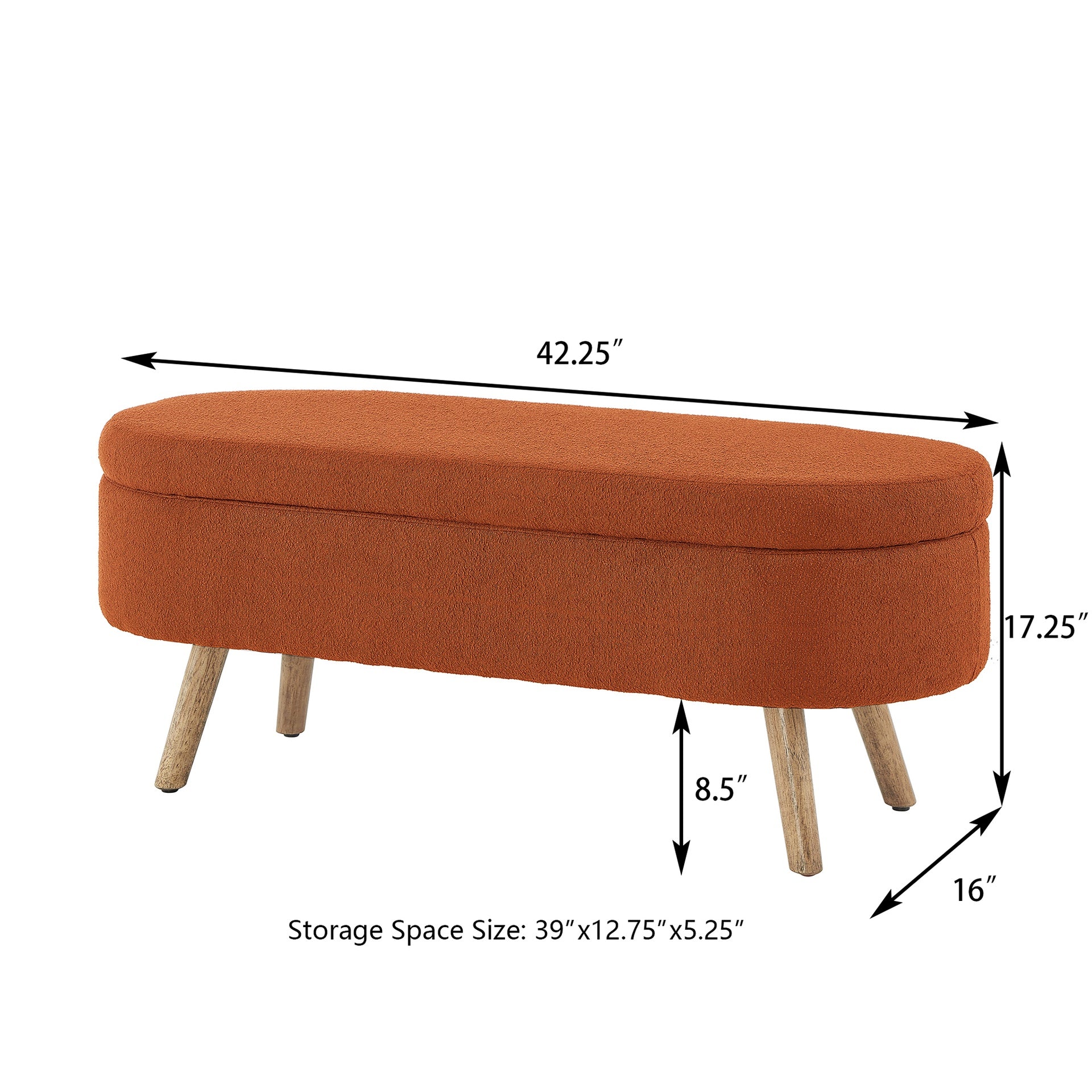 Luxury Oval Boucle Storage Ottoman Bench with Wood Legs 350lb Weight Capacity & Safety Hinge, for Living Room, Bedroom Entryway,ORANGE