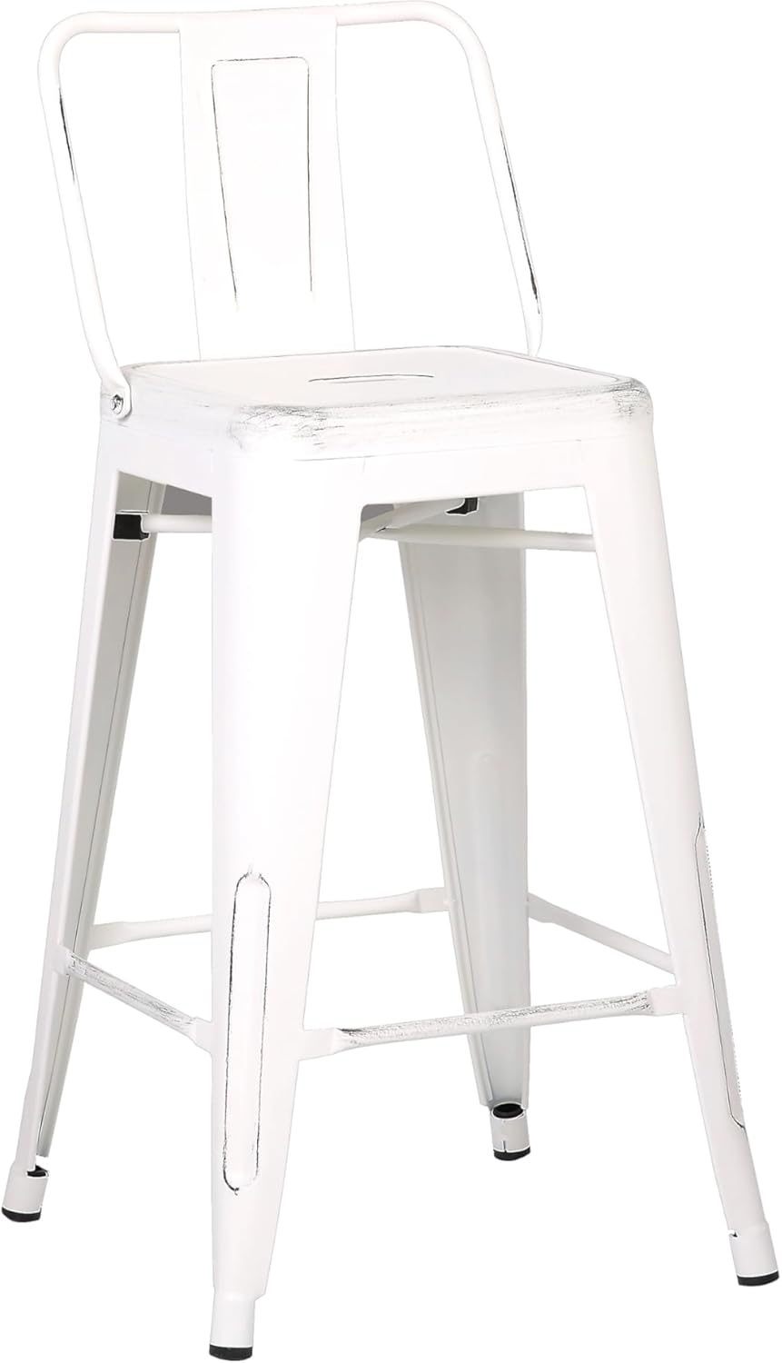 Modern Light Weight Industrial Contemporary Rustic Vintage Costal Metal Barstools with Bucket Back and 4 Leg Design, Seat Bar Stools (Set of 2) (30" Seat, Distressed White)