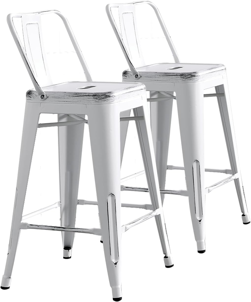 Modern Light Weight Industrial Contemporary Rustic Vintage Costal Metal Barstools with Bucket Back and 4 Leg Design, Seat Bar Stools (Set of 2) (30" Seat, Distressed White)
