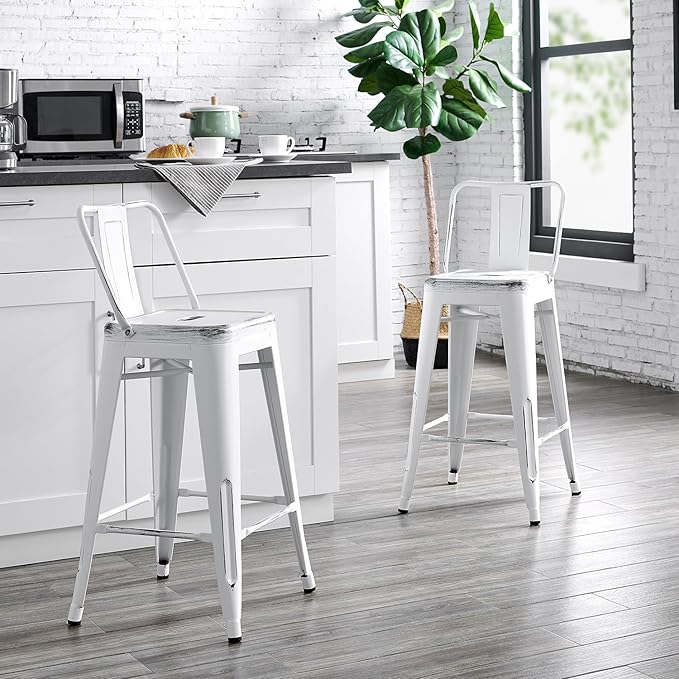 Modern Light Weight Industrial Contemporary Rustic Vintage Costal Metal Barstools with Bucket Back and 4 Leg Design, Seat Bar Stools (Set of 2) (30" Seat, Distressed White)