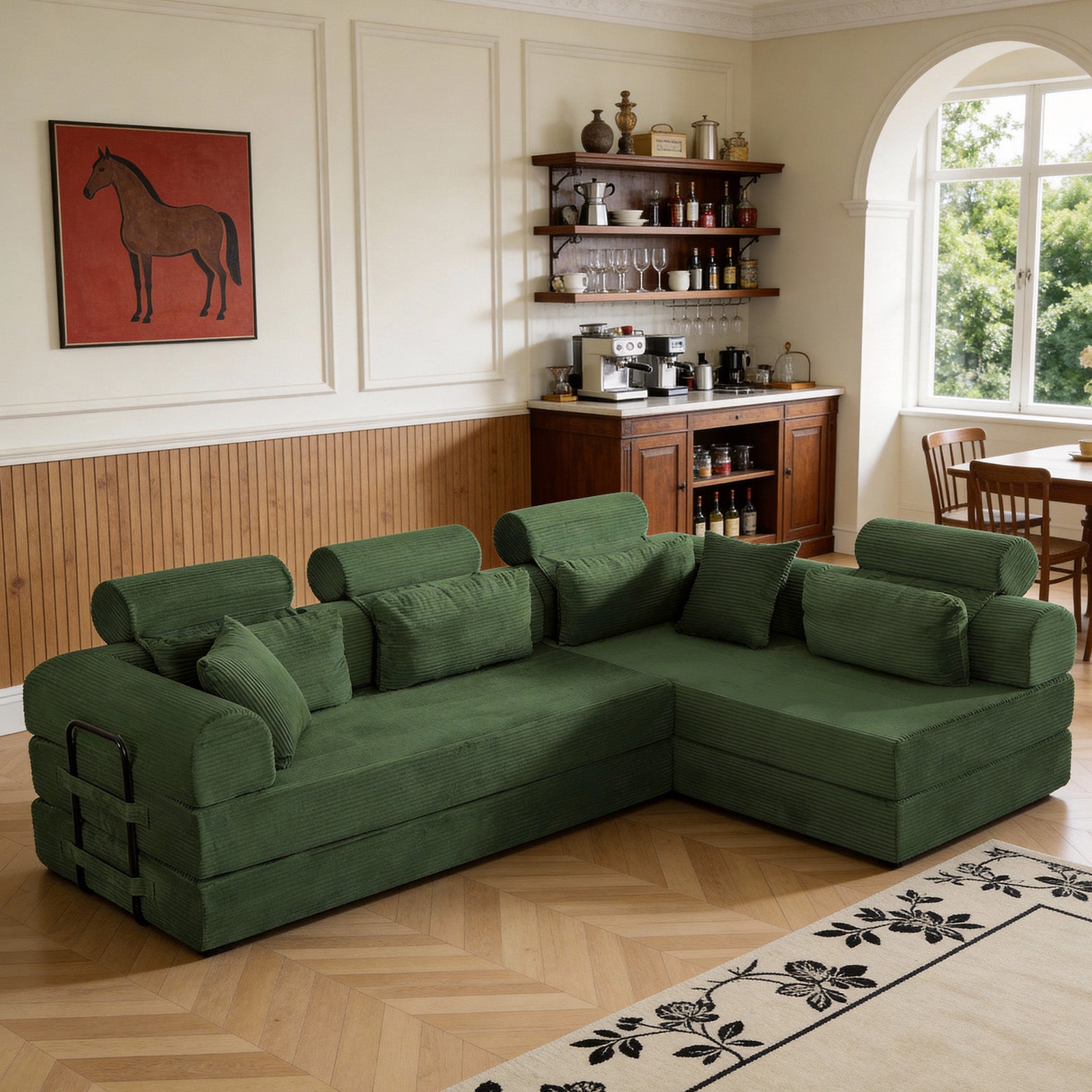 L shape Modular Sectional Sofa, Compressed Sectional Sofa Modern Minimalist Style Corduroy Couch,Unfold into a bed, Bedroom, Comfy Compressed Sofa Couch Space-Efficient Design(Green)