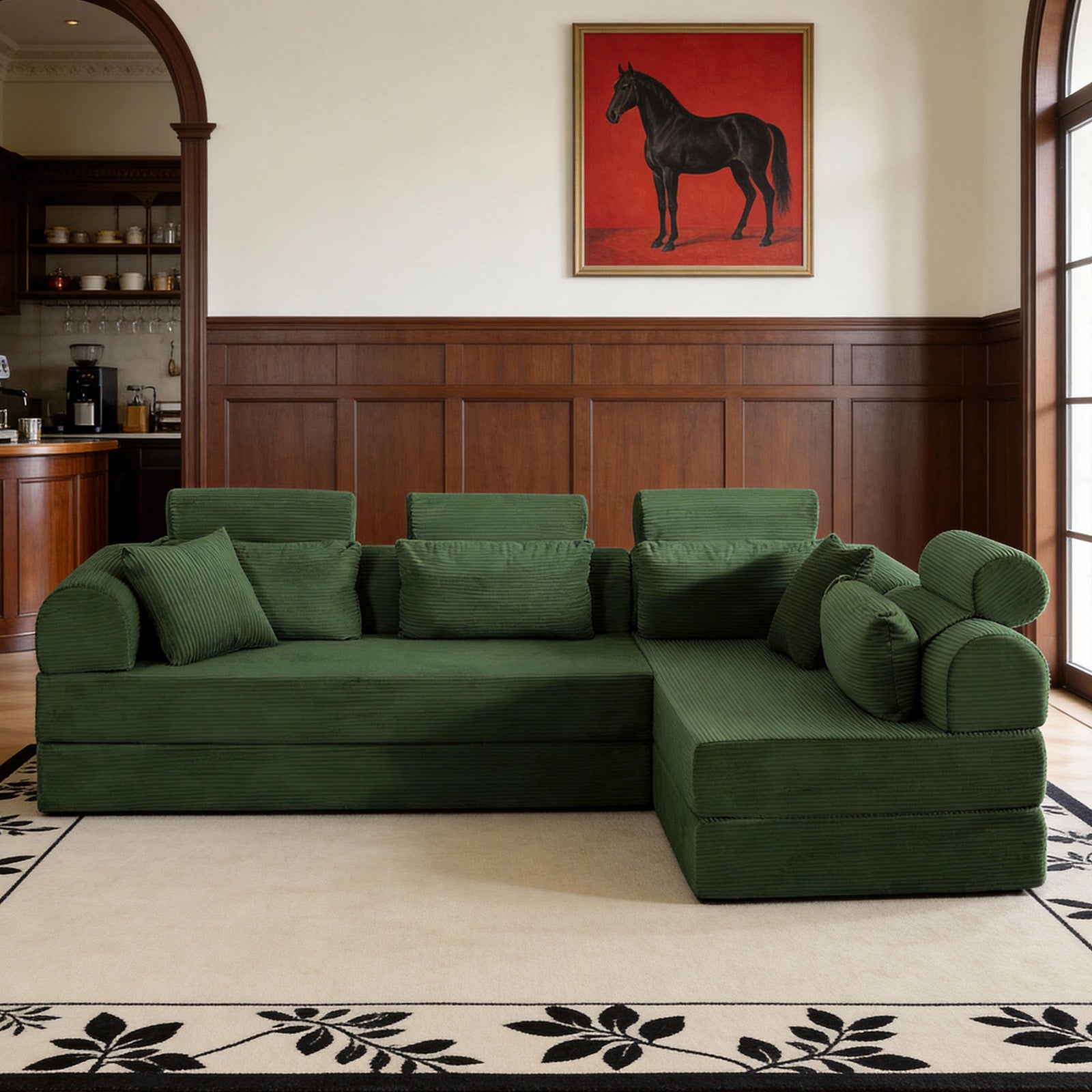 L shape Modular Sectional Sofa, Compressed Sectional Sofa Modern Minimalist Style Corduroy Couch,Unfold into a bed, Bedroom, Comfy Compressed Sofa Couch Space-Efficient Design(Green)